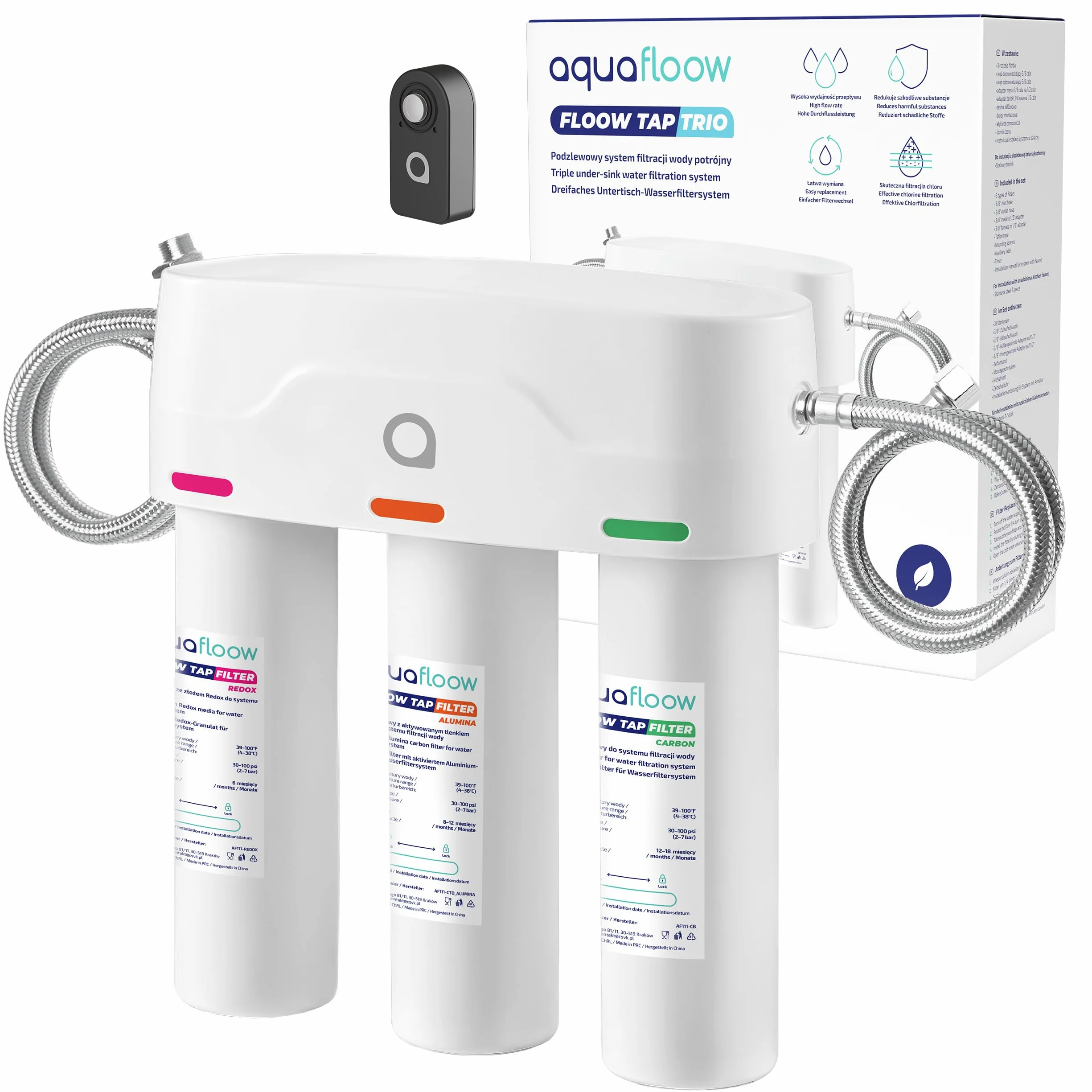 Aquafloow 3-etapowy filtr do wody pitnej pod zlew z timerem, usuwa 99,99% ołowiu, chloru, chloraminy