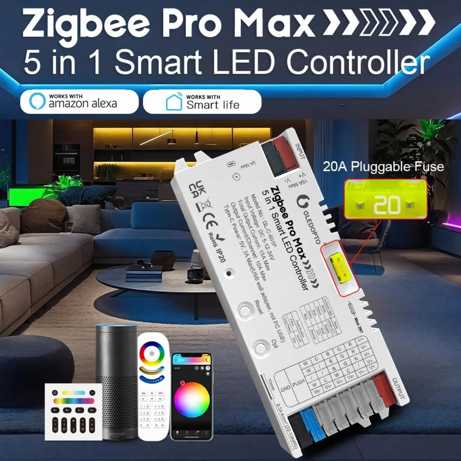 GLEDOPTO ZigBee 3.0 kontroler LED 5 w 1 RGBCCT 20 A ściemniacz sterowanie głosem kompatybilny z Alexa Tuya Smart Life