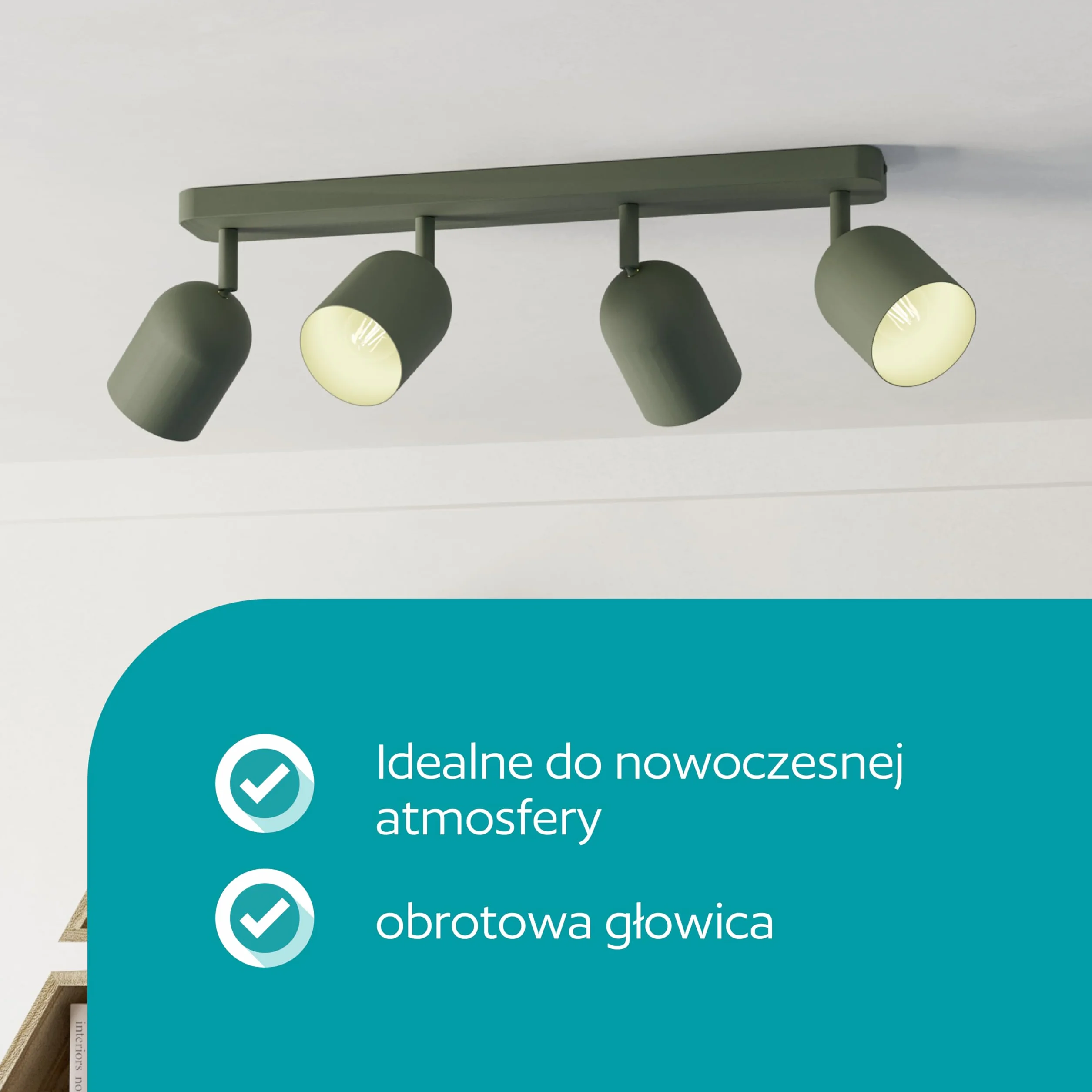 EGLO Tilston Lampa sufitowa 4-żarówkowa, reflektor sufitowy do salonuowa oprawa podsufitowa ze stali w kolorze ciemnozielonym E14