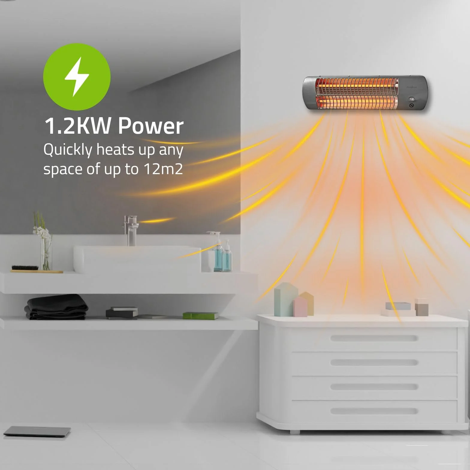 Nedis HTBA10GY grzejnik łazienkowy 1200 W regulowany termostat 2 tryby ogrzewania szary