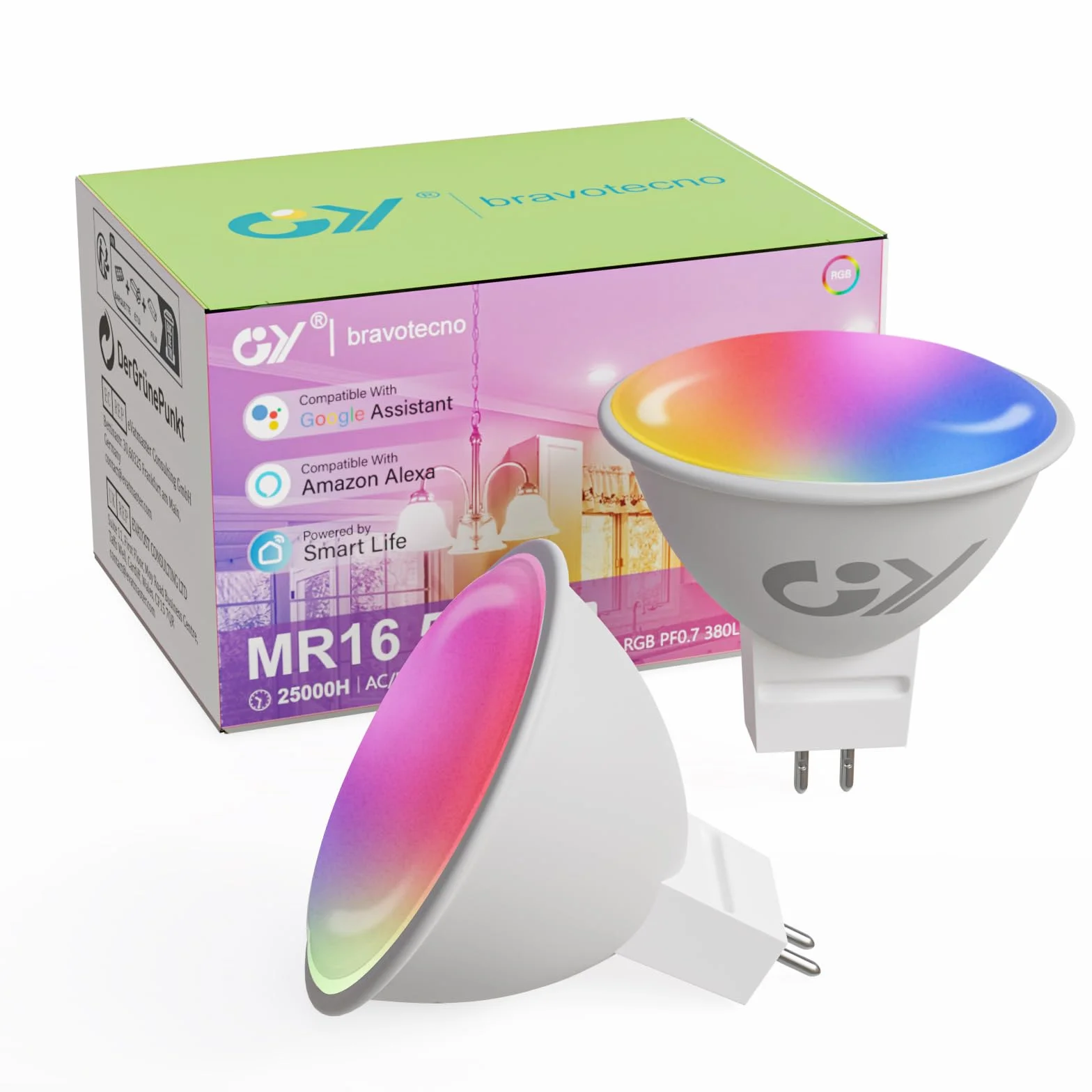 GY Żarówka Smart WiFi LED MR16 5W 380LM GU5.3 CRI>80 Przyciemniane 3000K-6500K Pakiet 2 Sztuk
