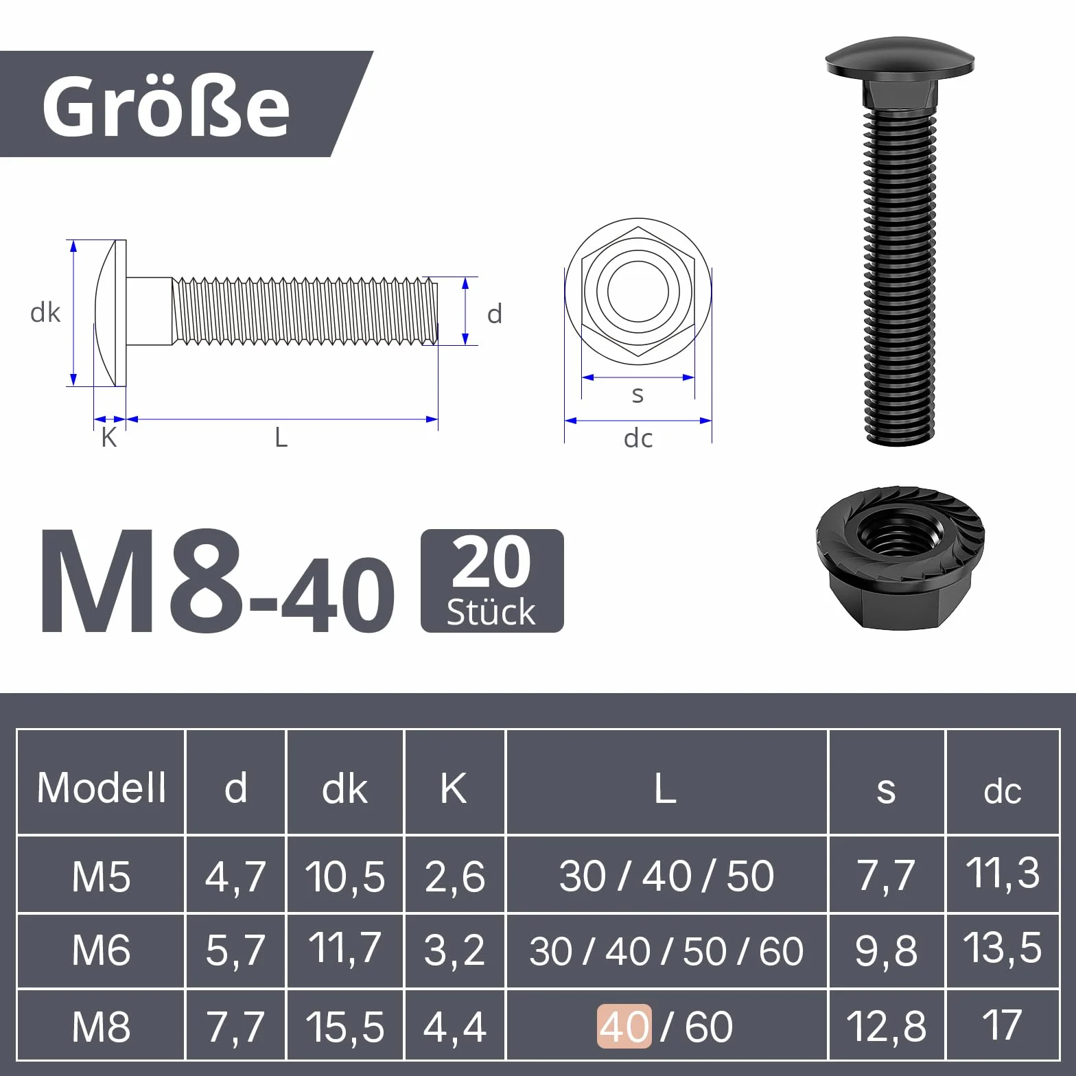ORTAVA Śruby zamkowe M8 × 40 stal szlachetna A2 V2A DIN 603 20 sztuk z nakrętką kołnierzową