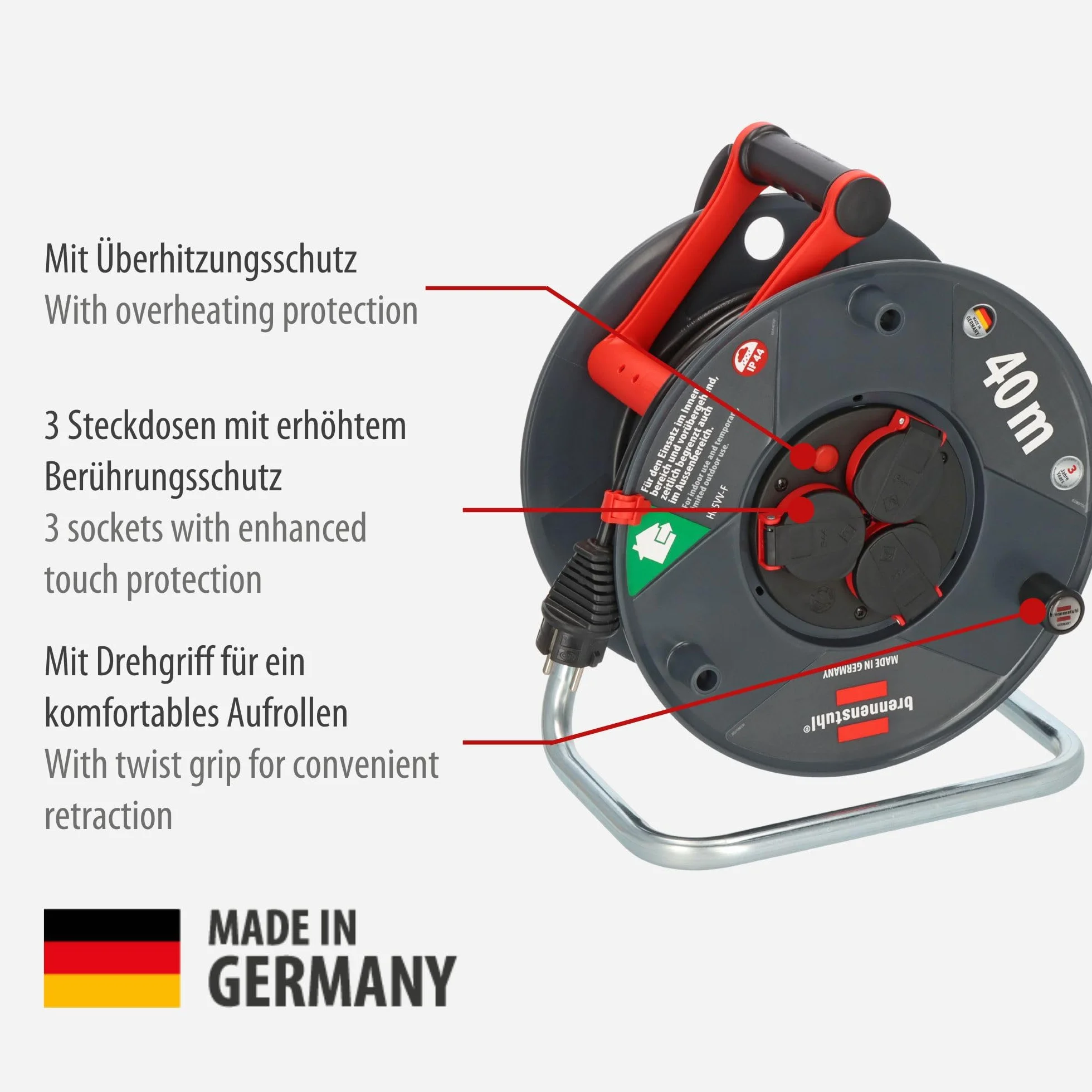 Brennenstuhl Garant V2 IP44 bęben kablowy 40 m 3 gniazda zewnątrz Made in Germany