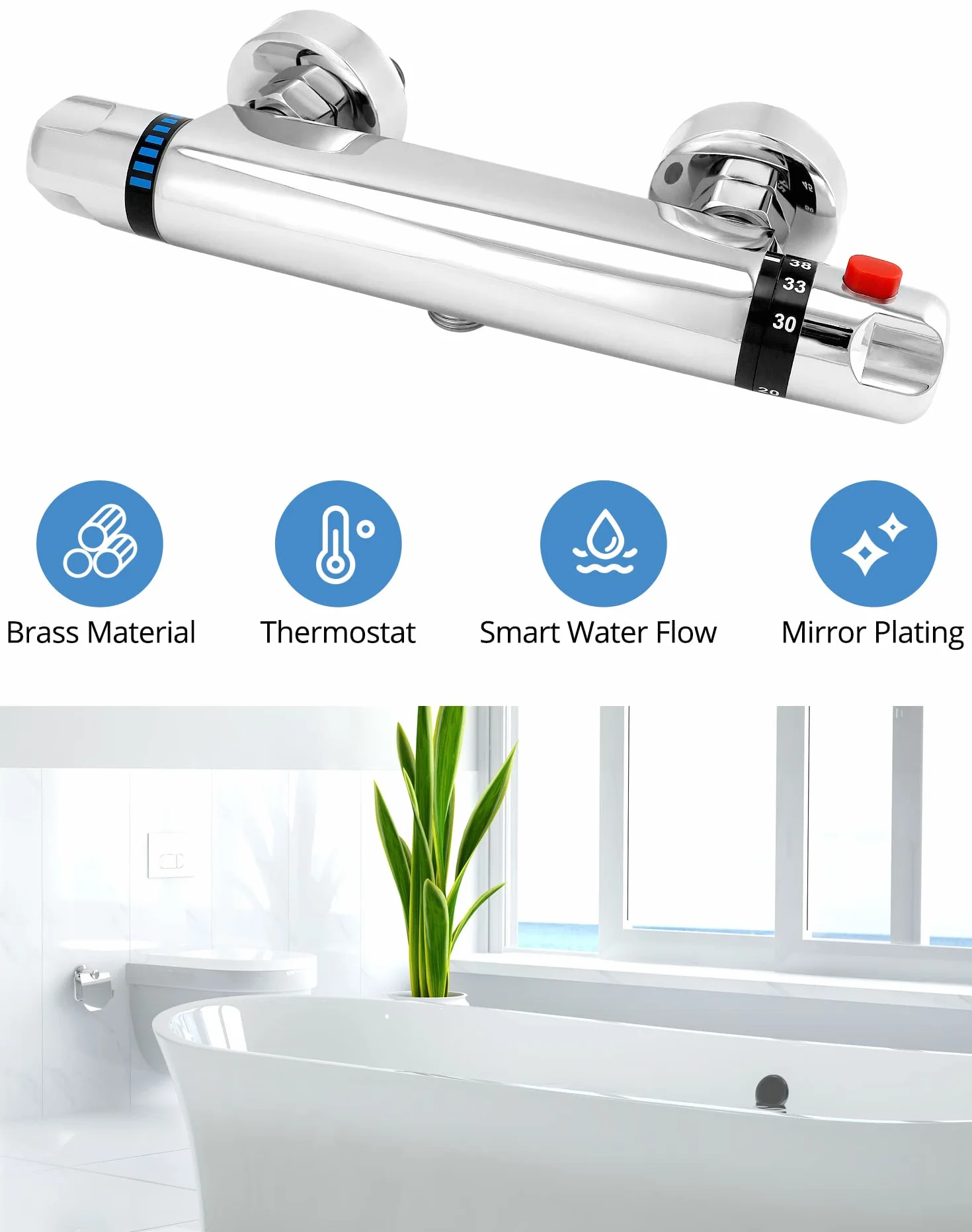 QWORK® termostatyczny kran prysznicowy, zawór G1/2" wylot, mosiężny mikser, stała regulacja temperatury do łazienki