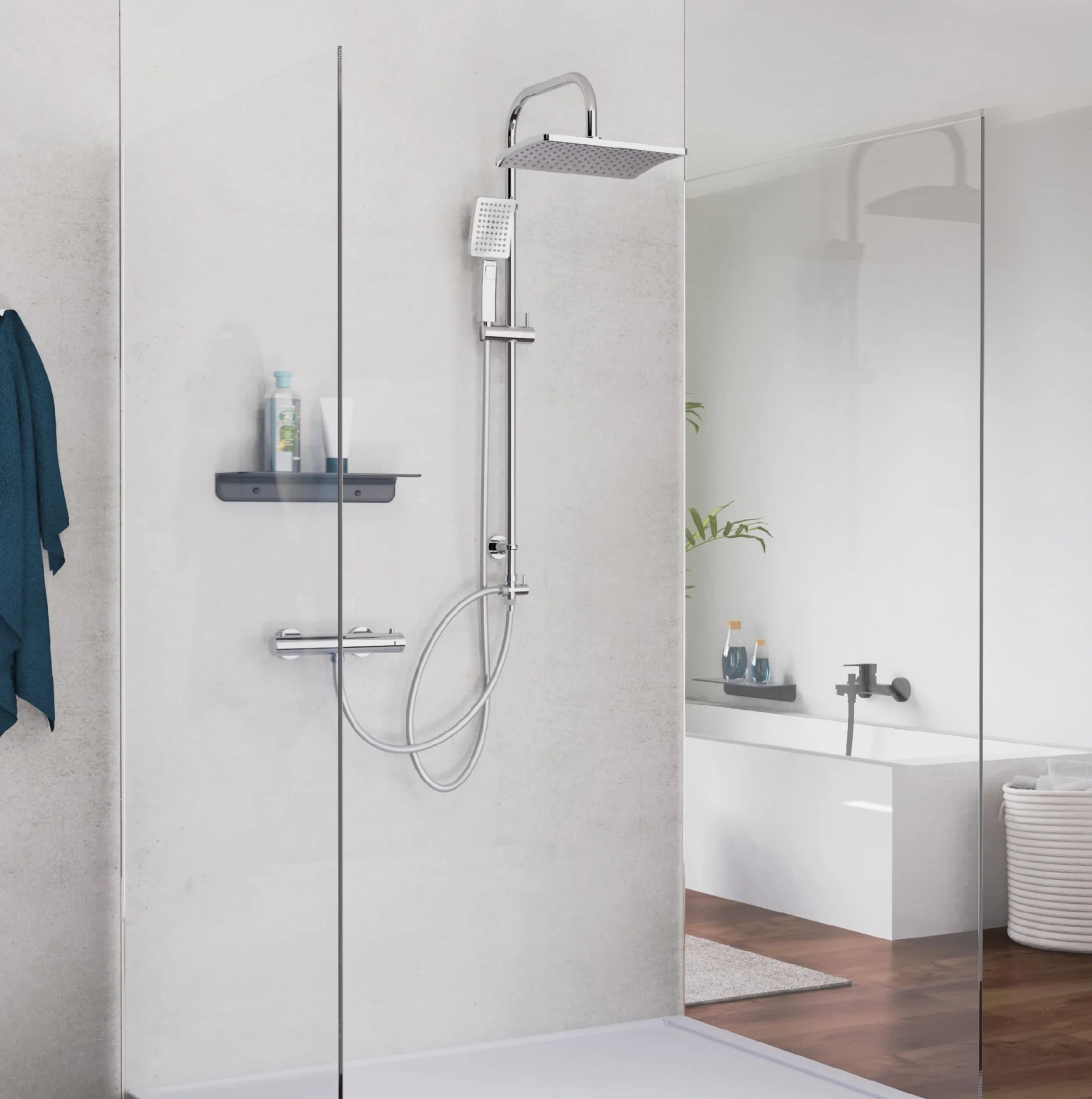 SCHÜTTE Zestaw prysznicowy MALLORCA kolumna prysznicowa z dużą deszczownicą słuchawka 3 tryby strumienia system z drążkiem regulowanej wysokości chrom