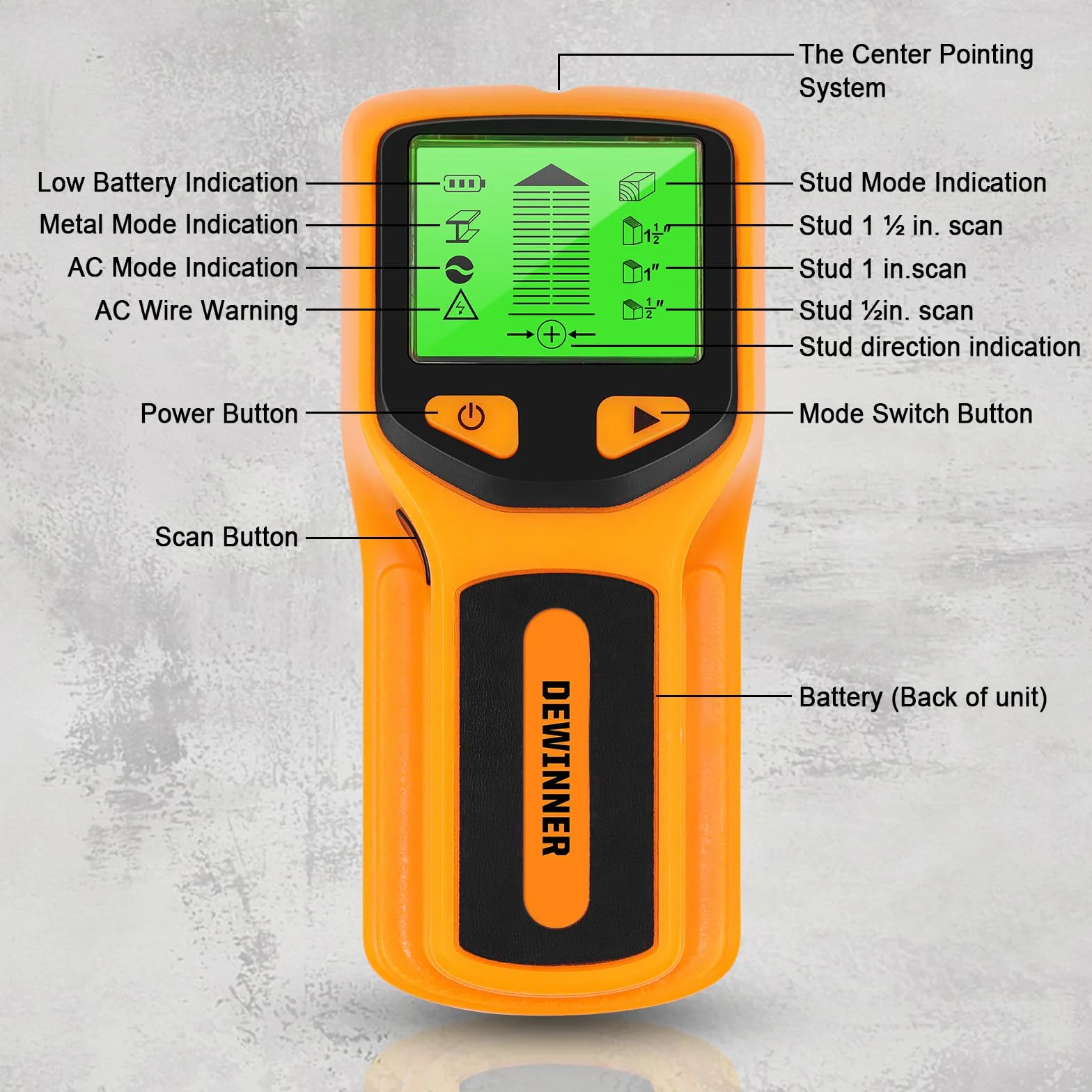 DEWINNER Wykrywacz ścian 5 w 1 z wyświetlaczem LCD do metali, drewna i kabli AC