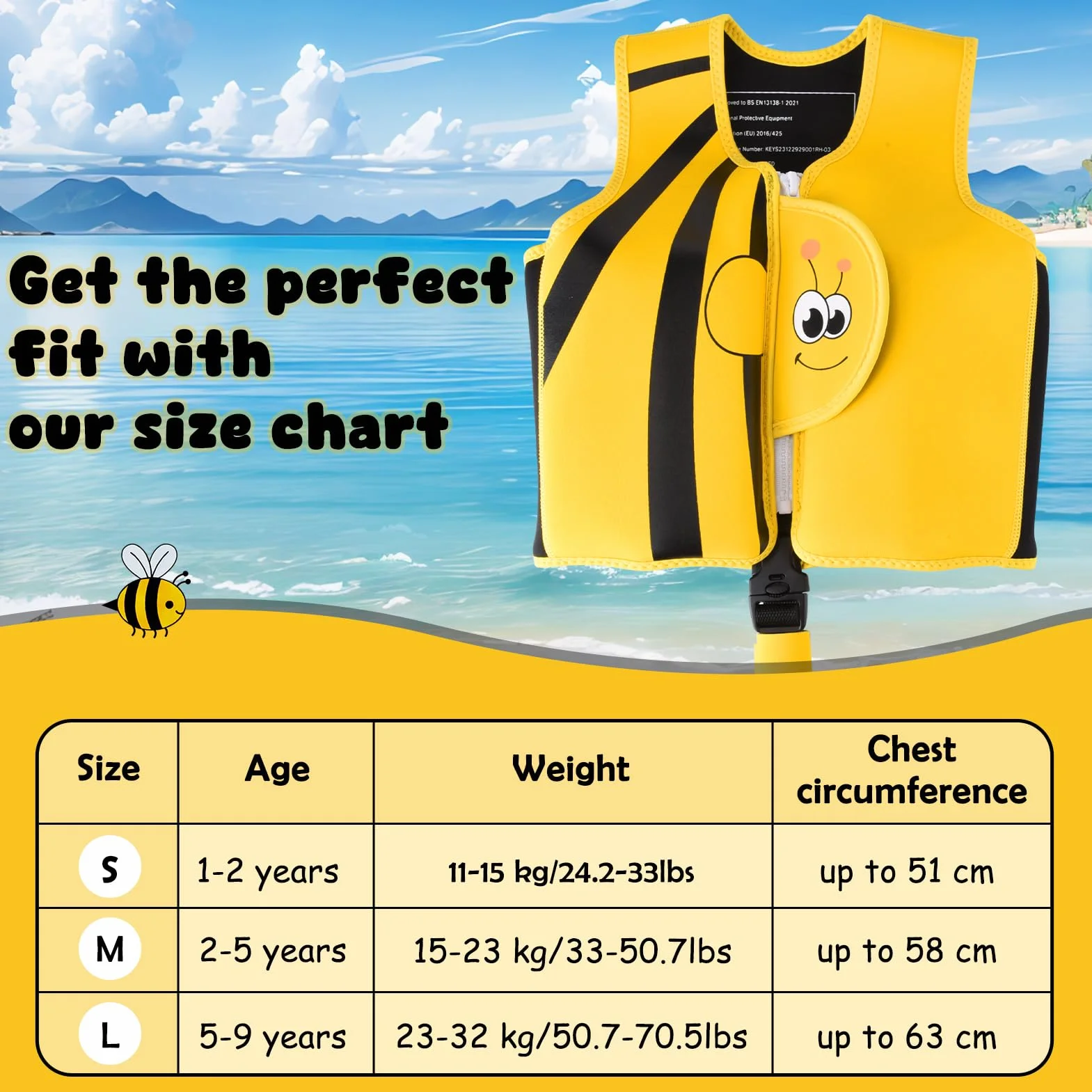 Fuqiduo Pomoc pływacka i treningowa z neoprenu i EPE - z regulowanym pasem krocznym dla dziewczynek/chłopców, sporty wodne (M/3-6yrs/19-30kg)
