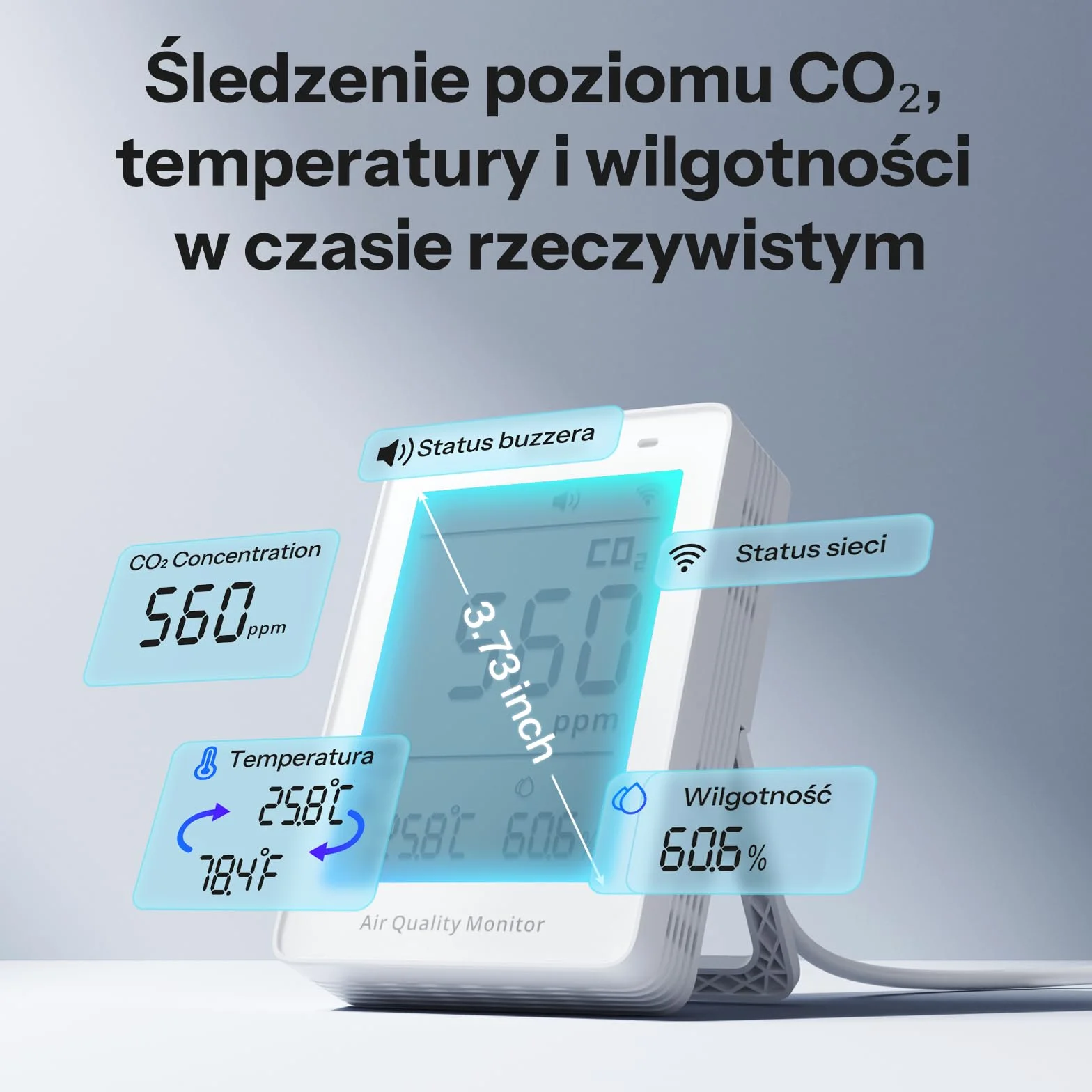 SONOFF AirGuard CO2, Inteligentny Monitor Jakości Powietrza, Zgodny z Matter, WiFi 2,4 GHz, Detektor CO2/Temp/Wilgotności, Wyświetlacz i Alarm w Czasie Rzeczywistym, do Sypialni/Pokoju Dziecięcego
