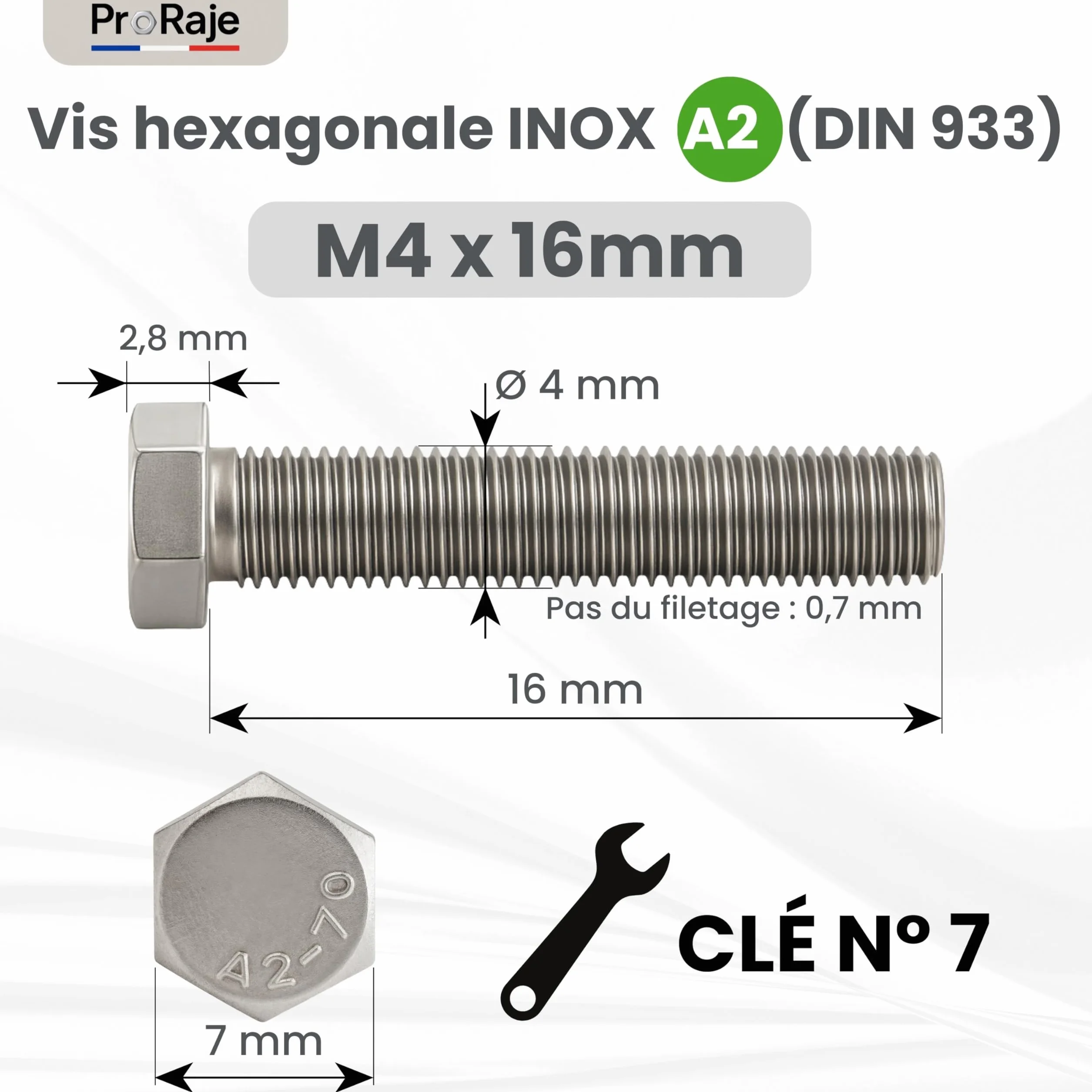 Śruby ze stali nierdzewnej M4x16 mm, gwint całkowity z łbem sześciokątnym (M4 x 16), stal nierdzewna A2 (304), śruby z łbem H (TH) - DIN 933: Zestaw 100 szt. - ProRaje