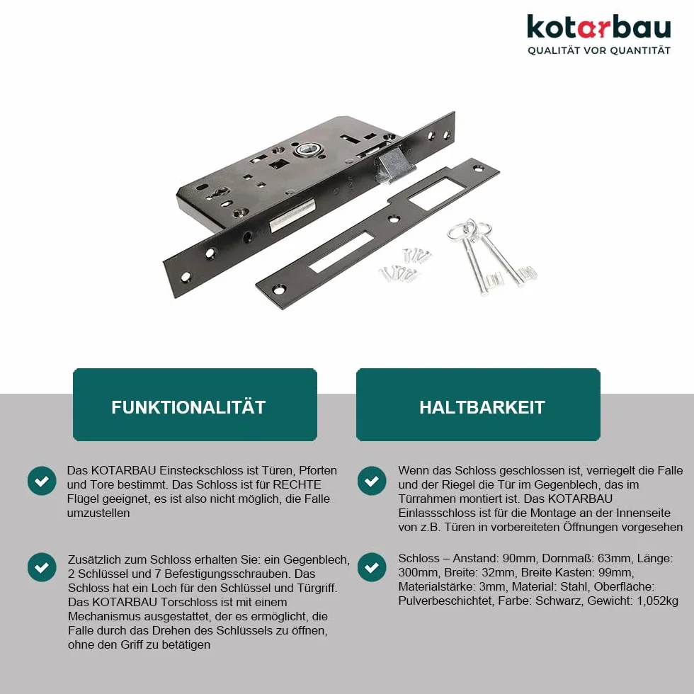 KOTARBAU® Zamek wpuszczany 90 x 63 mm z prawej strony z kluczem BB do bram drzwi