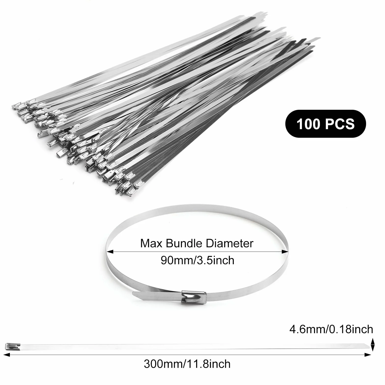 100 sztuk opasek kablowych ze stali szlachetnej, 300 x 4,6 mm Srebrny samonapinacze metalowe opaski kablowe ze stali szlachetnej 304, opaski kablowe do spawania siatki do owijania rury wydechowej