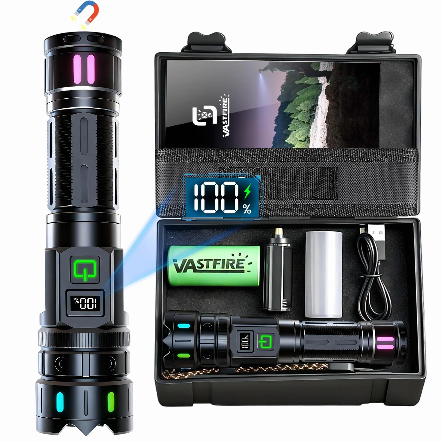 VASTFIRE Latarka LED Taktyczna 500000 Lumenów 30W Wodoodporna IP67 z Wyświetlaczem LCD
