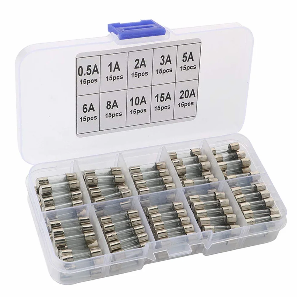 FULARR Zestaw bezpieczników szybkozłączka 5x20 mm 0,5A 1A 2A 3A 5A 6A 150 szt.