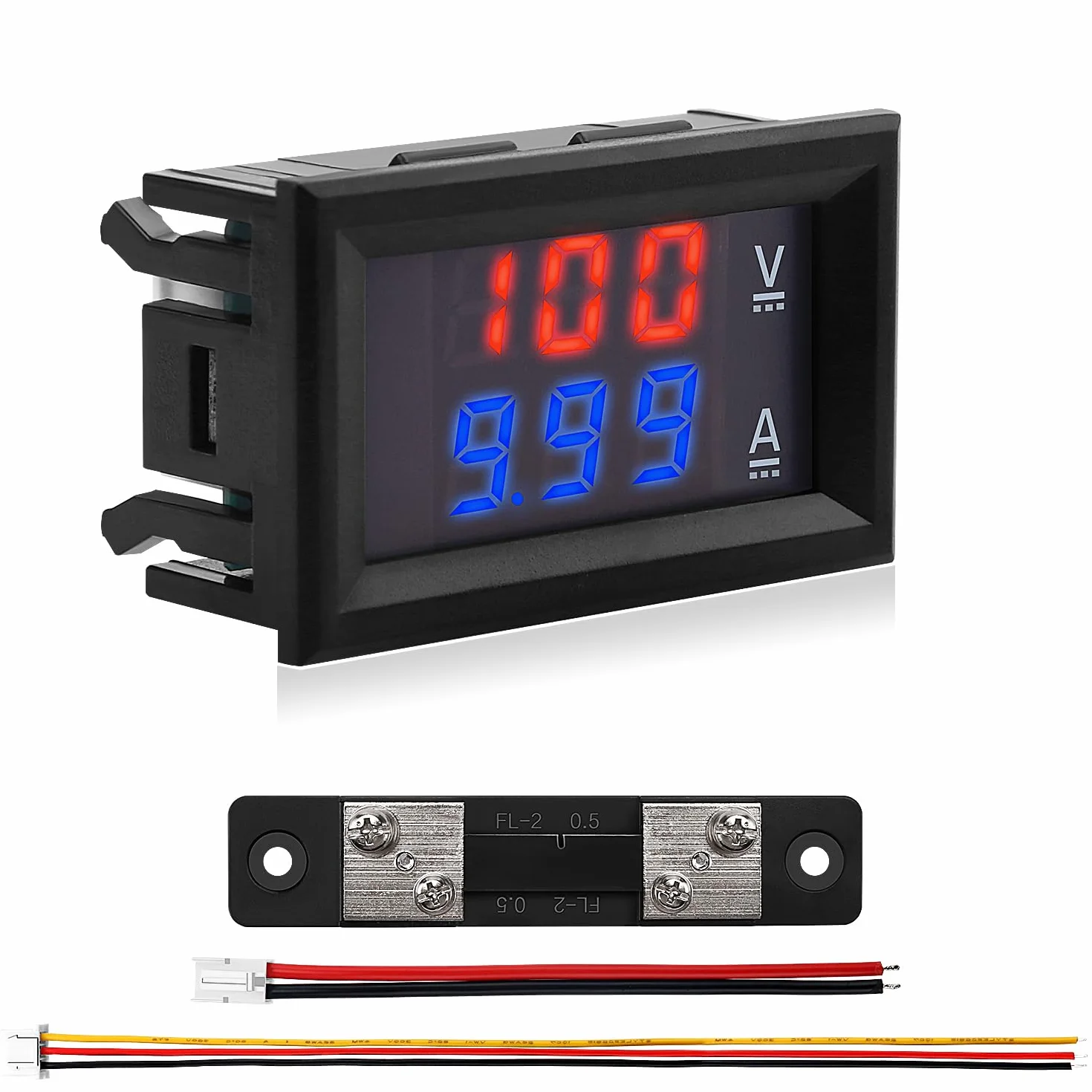 VooGenzek 0.28" Amperomierz LED, Detektor Czerwony i Niebieski Miernik Napięcia Prądu Panel Amp Volt Gauge, DC 0-100V 50A, z Bocznikiem Prądowym 50A, dla Multimetru Miernik Prądu miernika