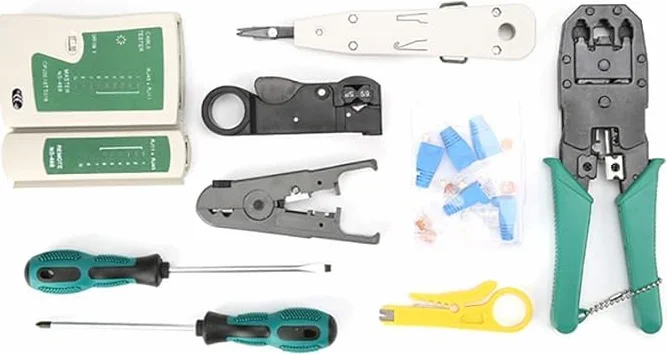 SQUADO Profesjonalny zestaw narzędzi do naprawy sieci, tester kabli sieciowych, kabli krosowych, tester komputerowy, RJ11 RJ45, czarna torba na narzędzia