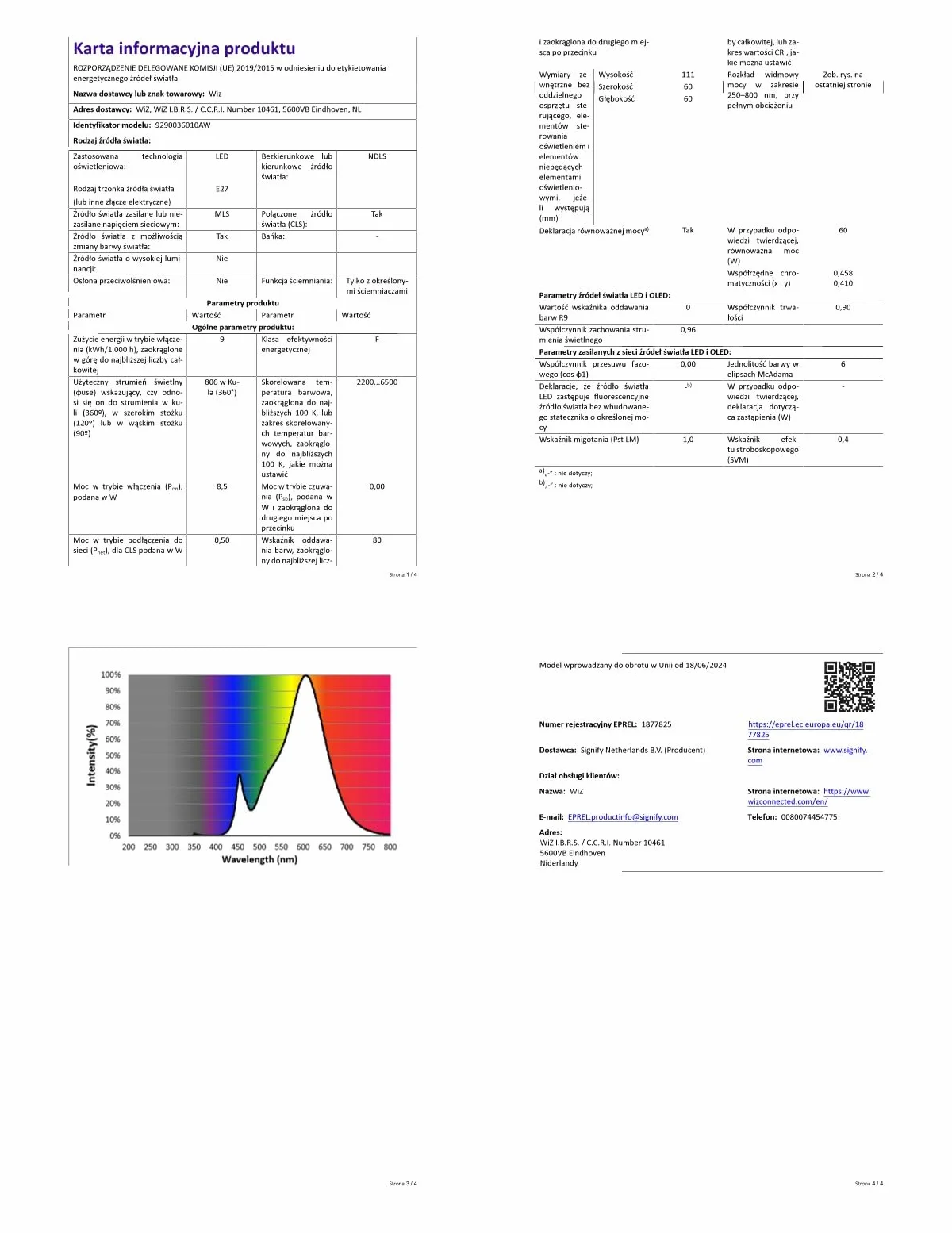 WiZ Smart LED Żarówka A60 E27 60W 2200K-6500K 806lm Alexą Google Assistant Apple Home 4szt