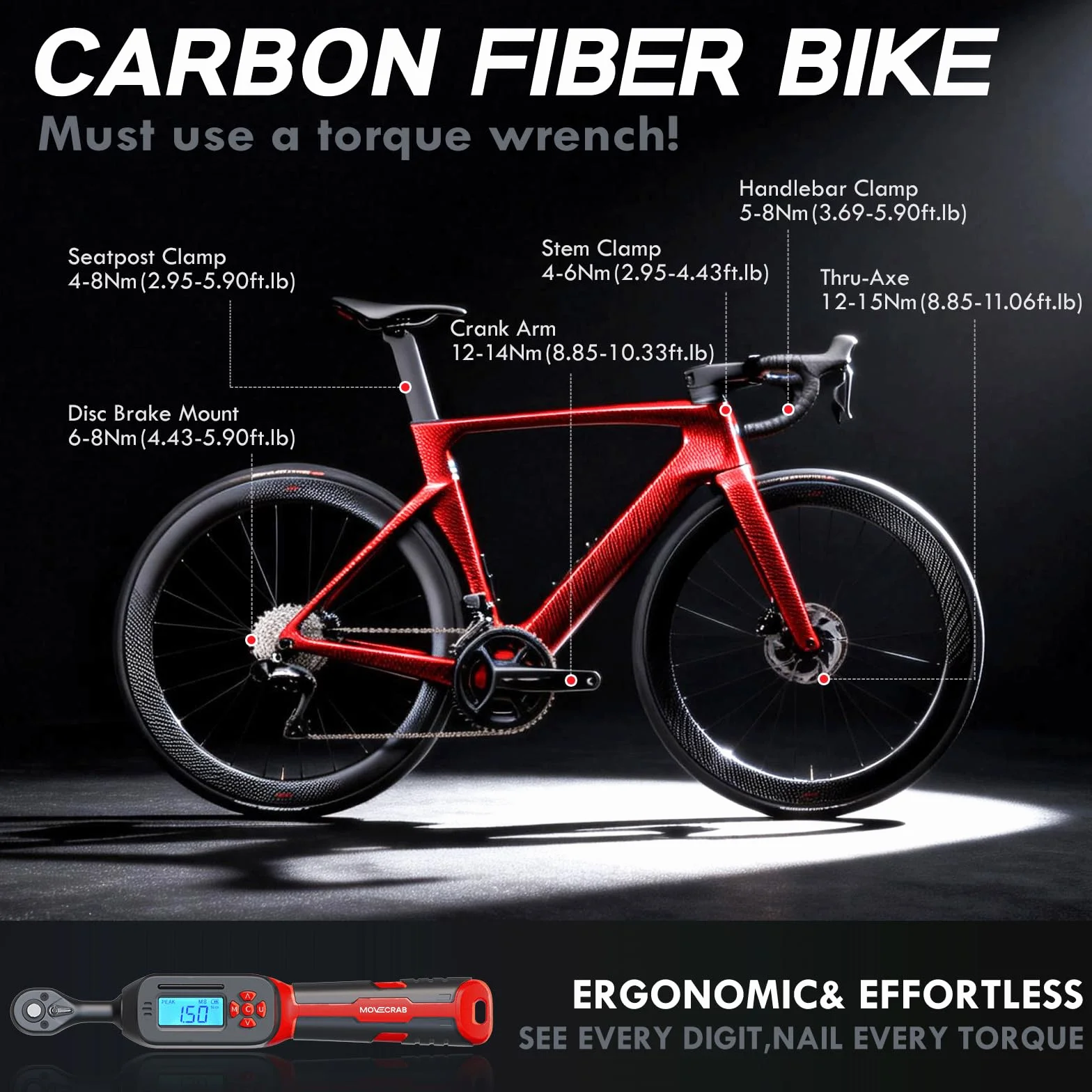 Cyfrowy klucz dynamometryczny 1/4" 1,5–30 Nm do rowerów MTB i szosowych 15 sztuk