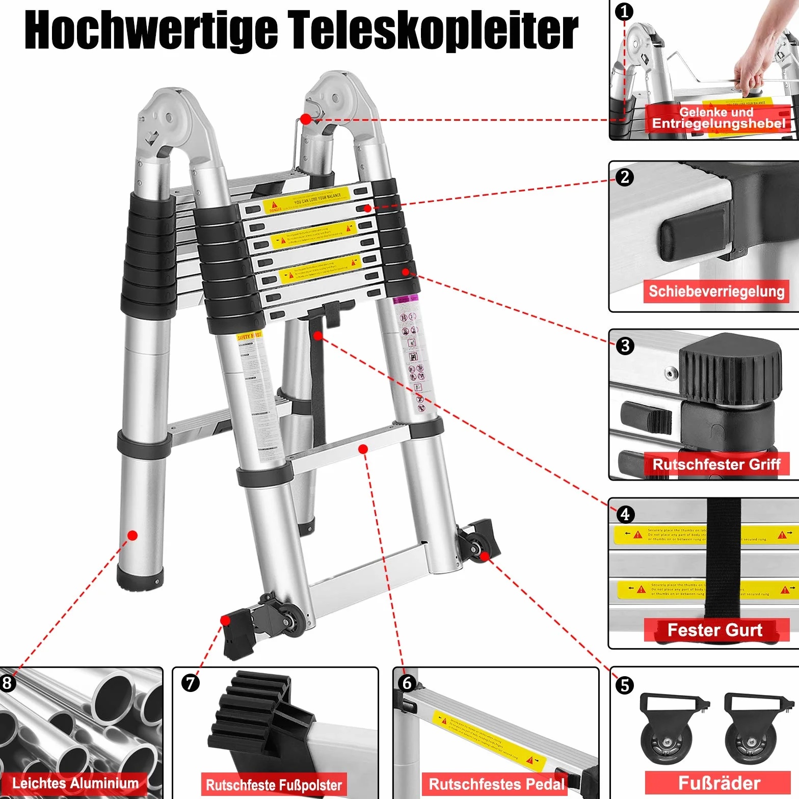Drabina teleskopowa aluminiowa 3,8 m antypoślizgowa składana wysuwana 150 kg