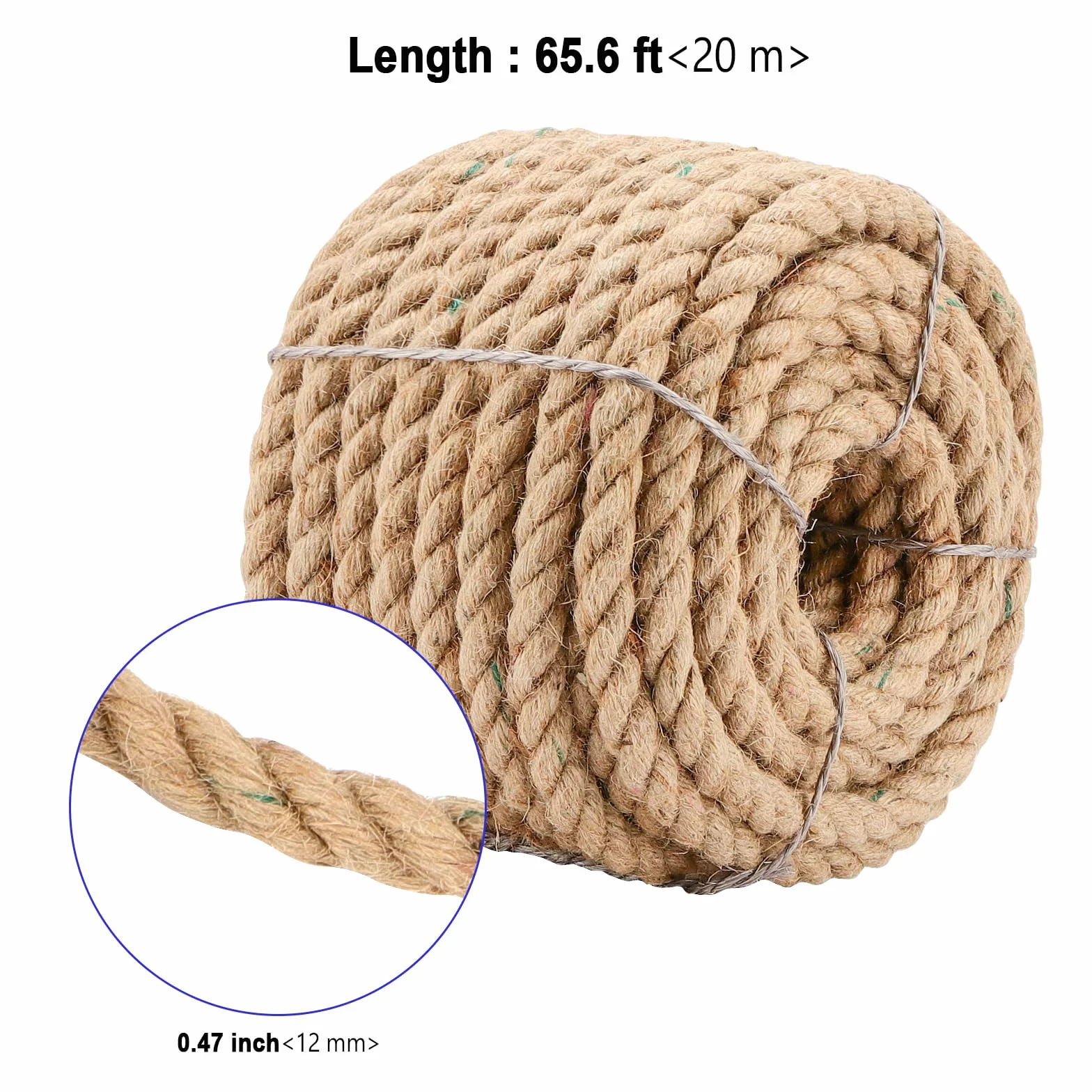 Naturalna lina jutowa 20 m x 12 mm, 4-żyłowa skręcona lina konopna do majsterkowania