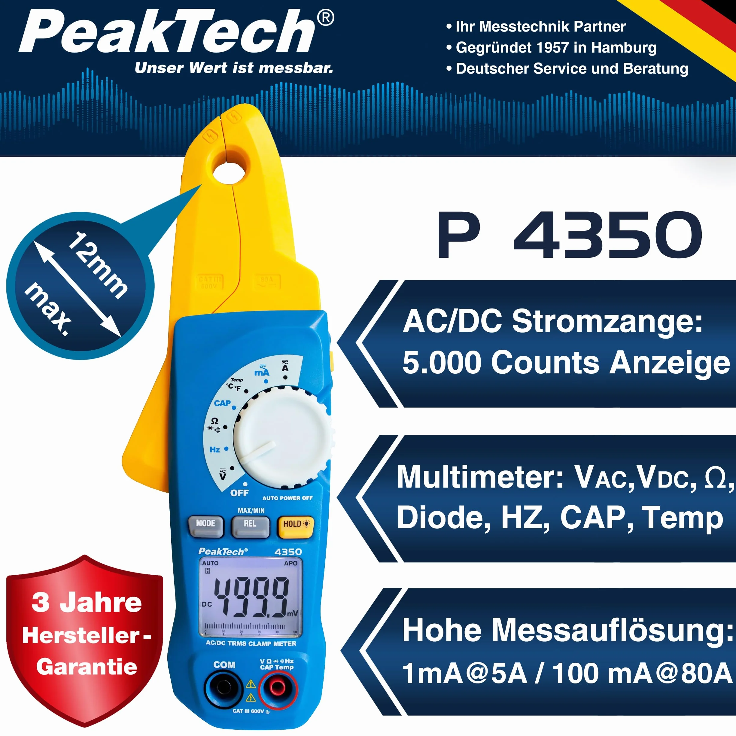 PeakTech 4350 – True RMS szczypiec prądowy 80 A AC/DC, cyfrowy multimetr, szczypce, miernik prądu, szczypce do pomiaru prądu, 4000 odczytów, bezdotykowy miernik napięcia