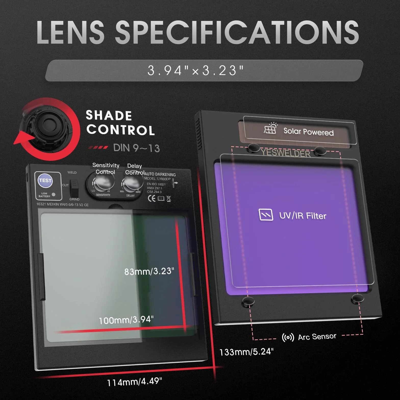 YESWELDER Maska spawalnicza automatycznie przyciemniana Wide Shade 4/5-9/9-13 kask spawalniczy