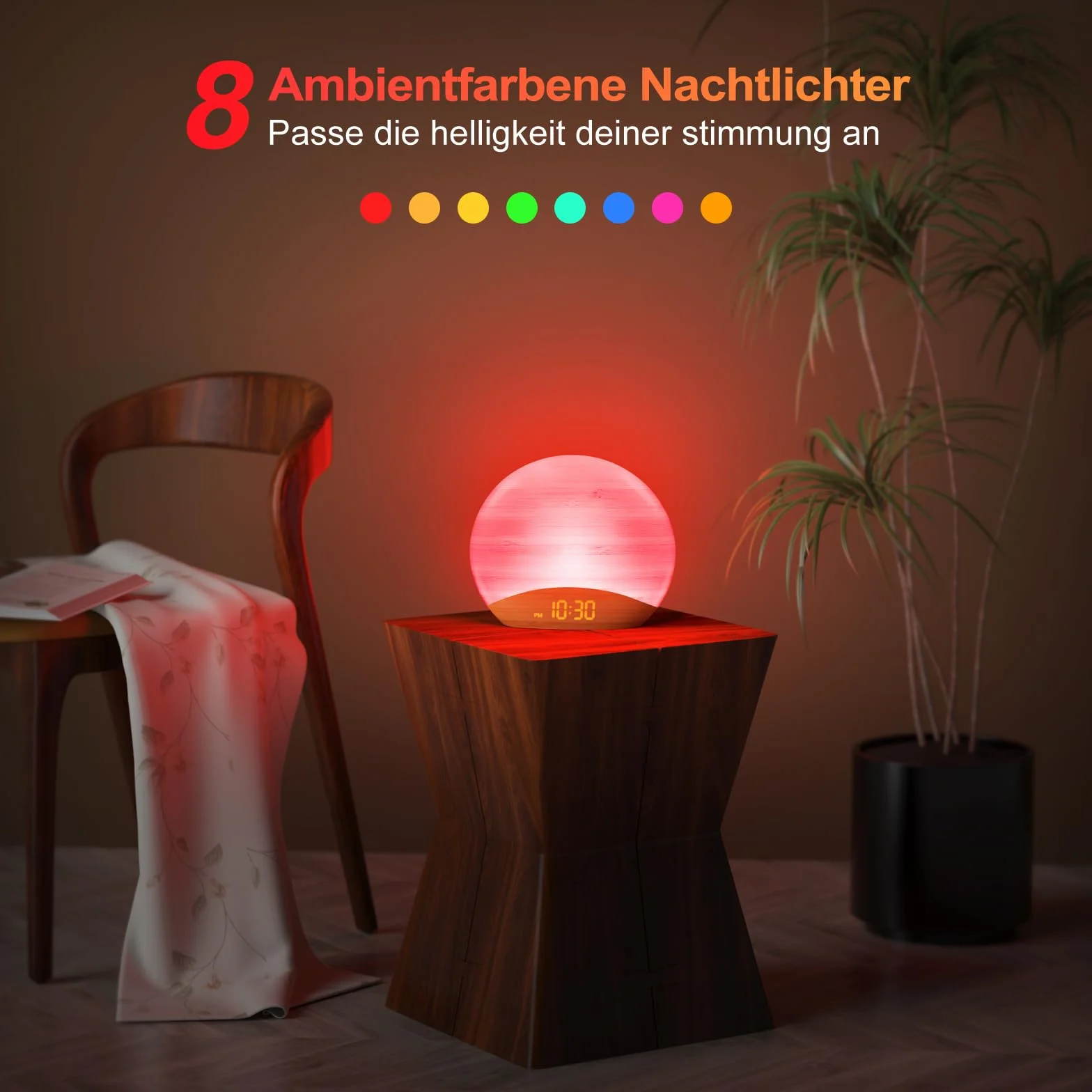 REACHER Natural Wood Grain Sound Machine Budzik, 26 dźwięków, 0-100% ściemniany zegar, lampka nocna, brązowo-różowo-biały szum Maszyna dźwiękowa dla niemowląt