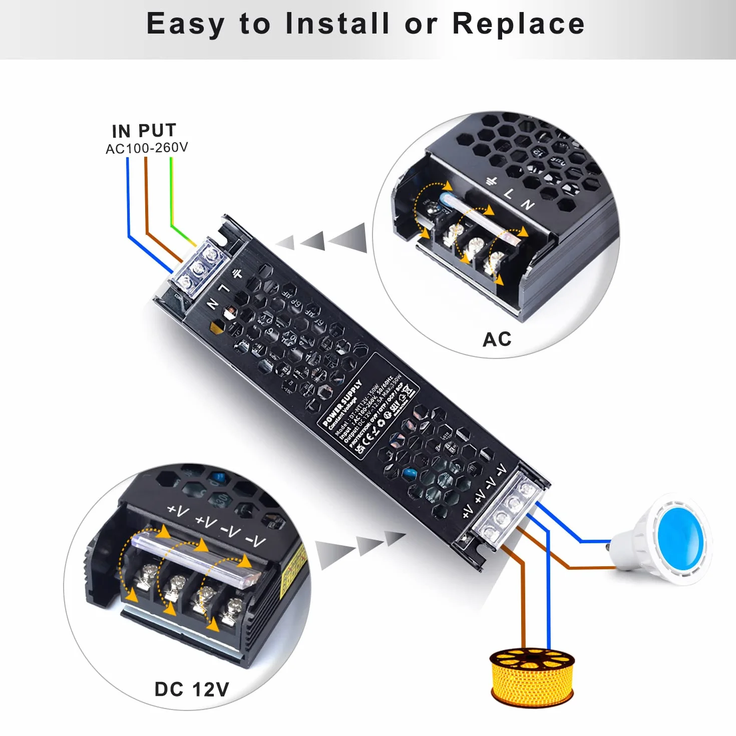 REYLAX Sterownik LED 12 V 150 W 12,5 A Zasilacz Slim 240 V na 12 V DC