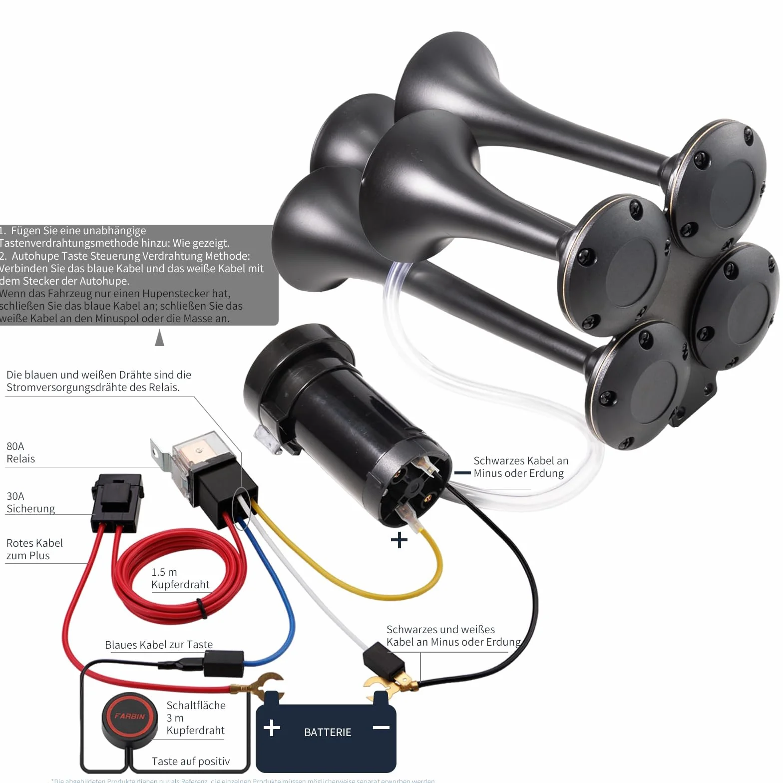 FARBIN Klakson pneumatyczny do ciężarówek, 150 dB, 12 V, 4 trąbki, klakson do ciężarówek, super mocny klakson pneumatyczny, z kompresorem do pojazdów, ciężarówek, jeepów, SUV-ów, łodzi