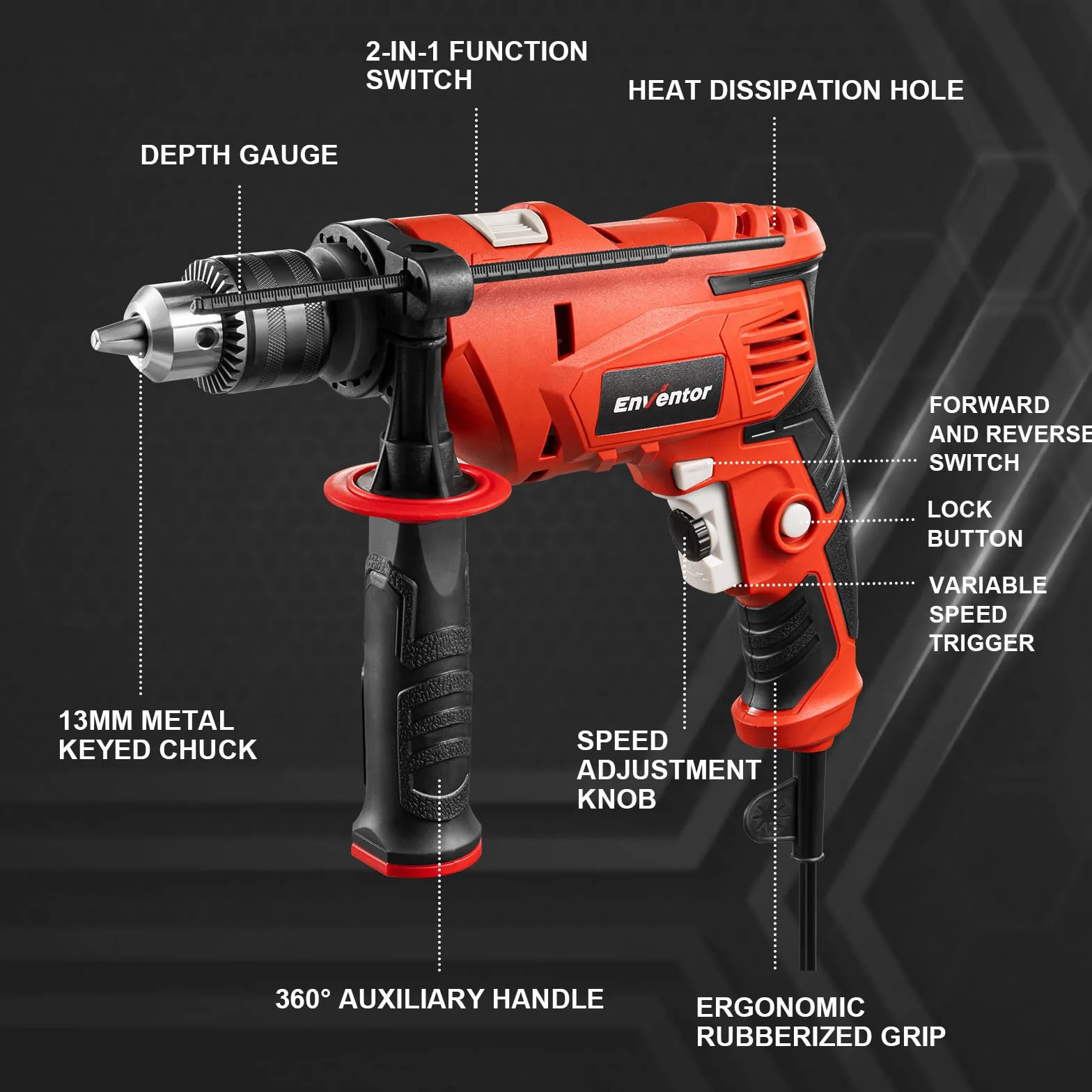 Enventor Wiertarka udarowa 900 W 37 akcesoriów 13 mm do betonu metalu drewna