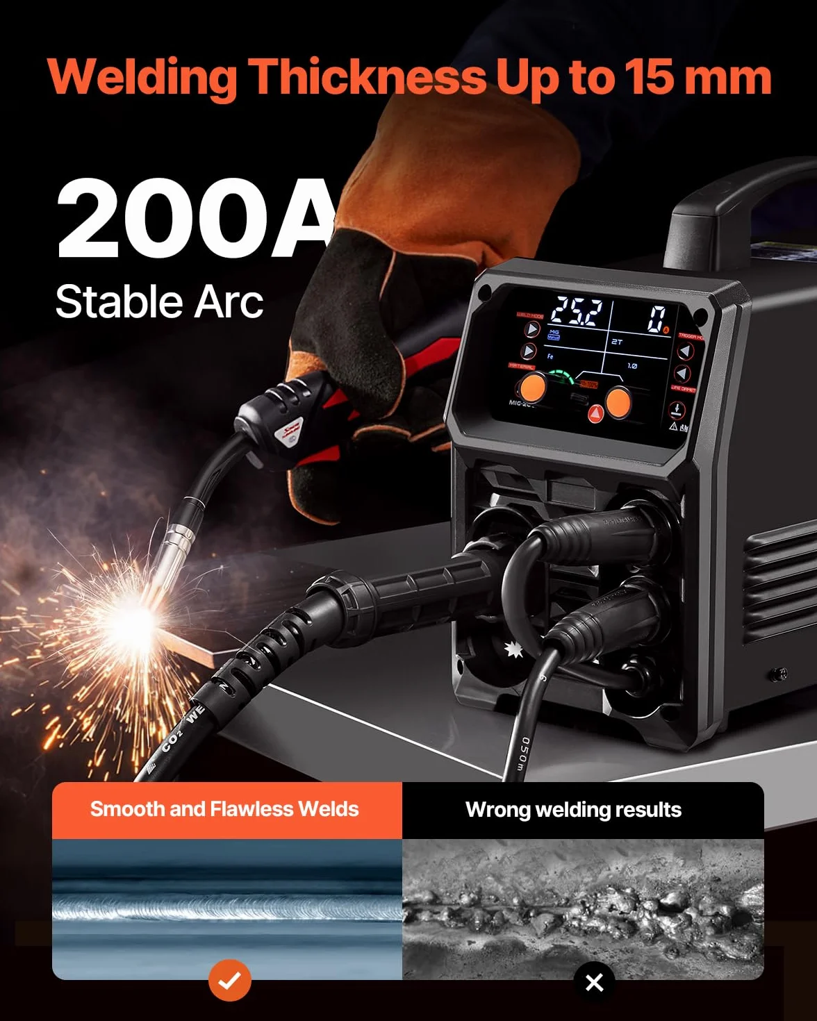 VEVOR Spawarka MIG 200 A Synergiczna Przenośna Gazowa Bezgazowa MMA 5 w 1 Inverter IGBT Wyświetlacz LCD
