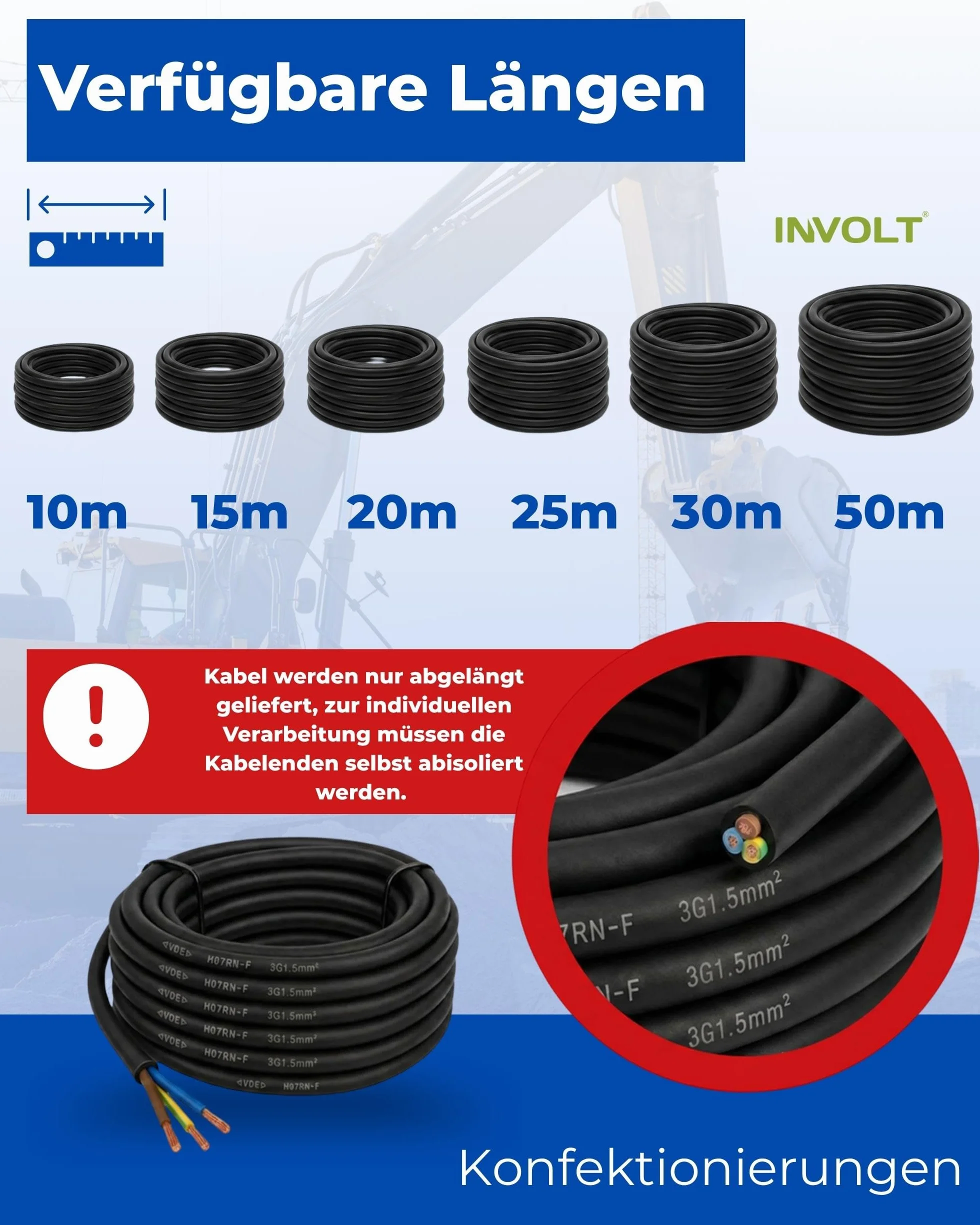 INVOLT 10 m H07RN-F 3G1,5 mm² kabel przedłużający CEE, elastyczny kabel gumowy z przewodem ochronnym, na zewnątrz, na placach budowy, certyfikat VDE