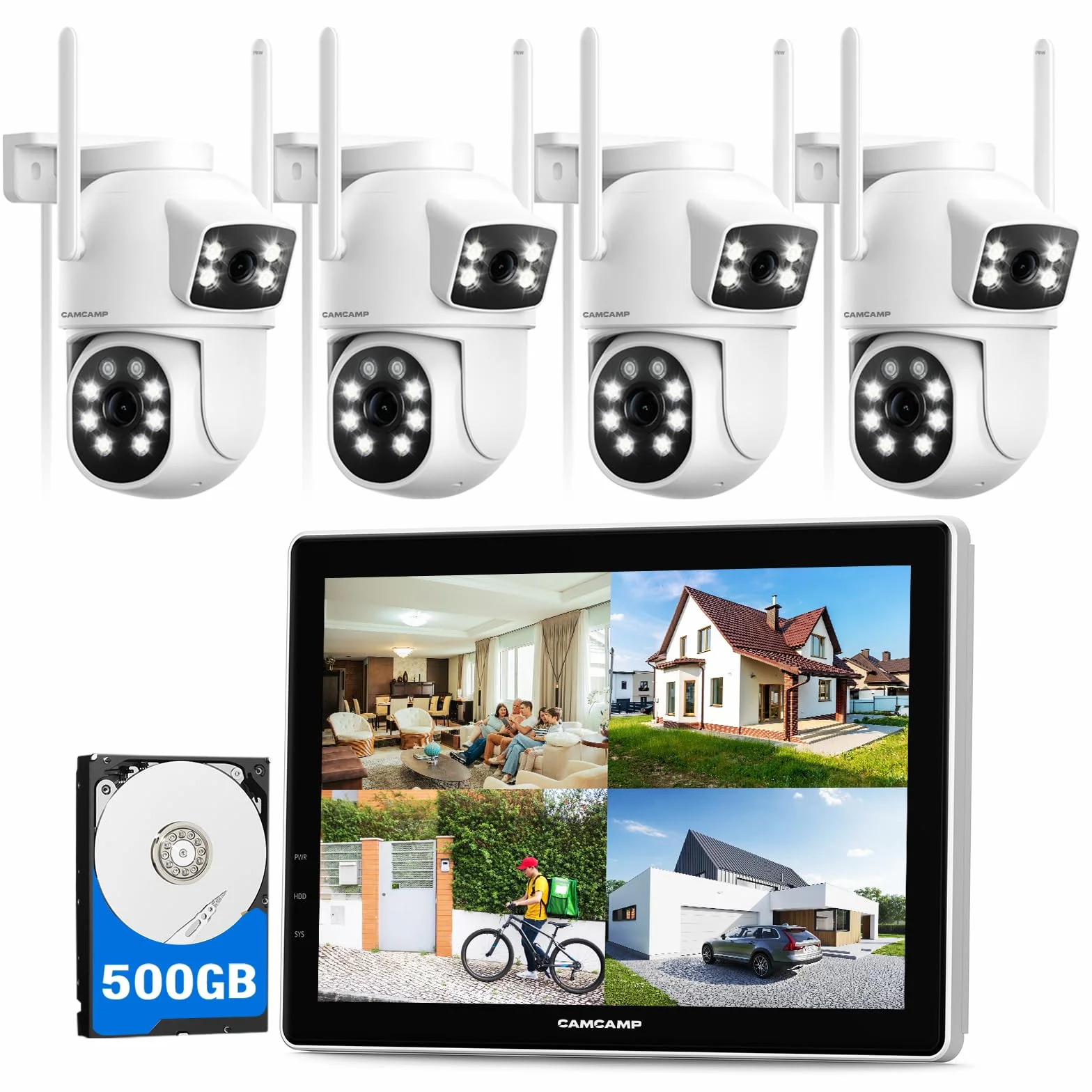 Camcamp Zestaw kamer monitoringowych 10" ekran WLAN WiFi 2,4/5GHz 10CH NVR 4x 2K 360° PTZ podwójny obiektyw kolorowa noktowizja