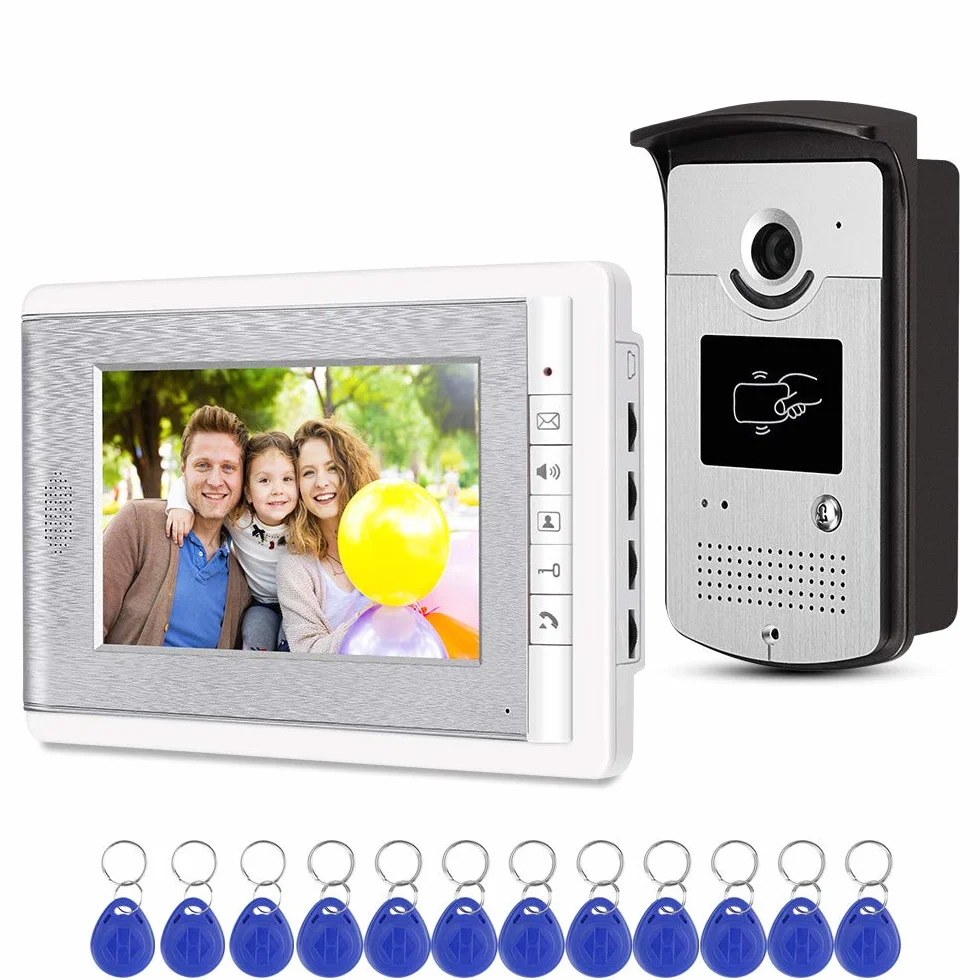 2 monitory domowy domofon wideo telefon drzwi system kontroli dostępu do kamery RFID 7'' kolorowe ekrany TFT obsługa odblokowywania EM + 10 szt. ID niebieski pilot (1 kamera 1 monitor)
