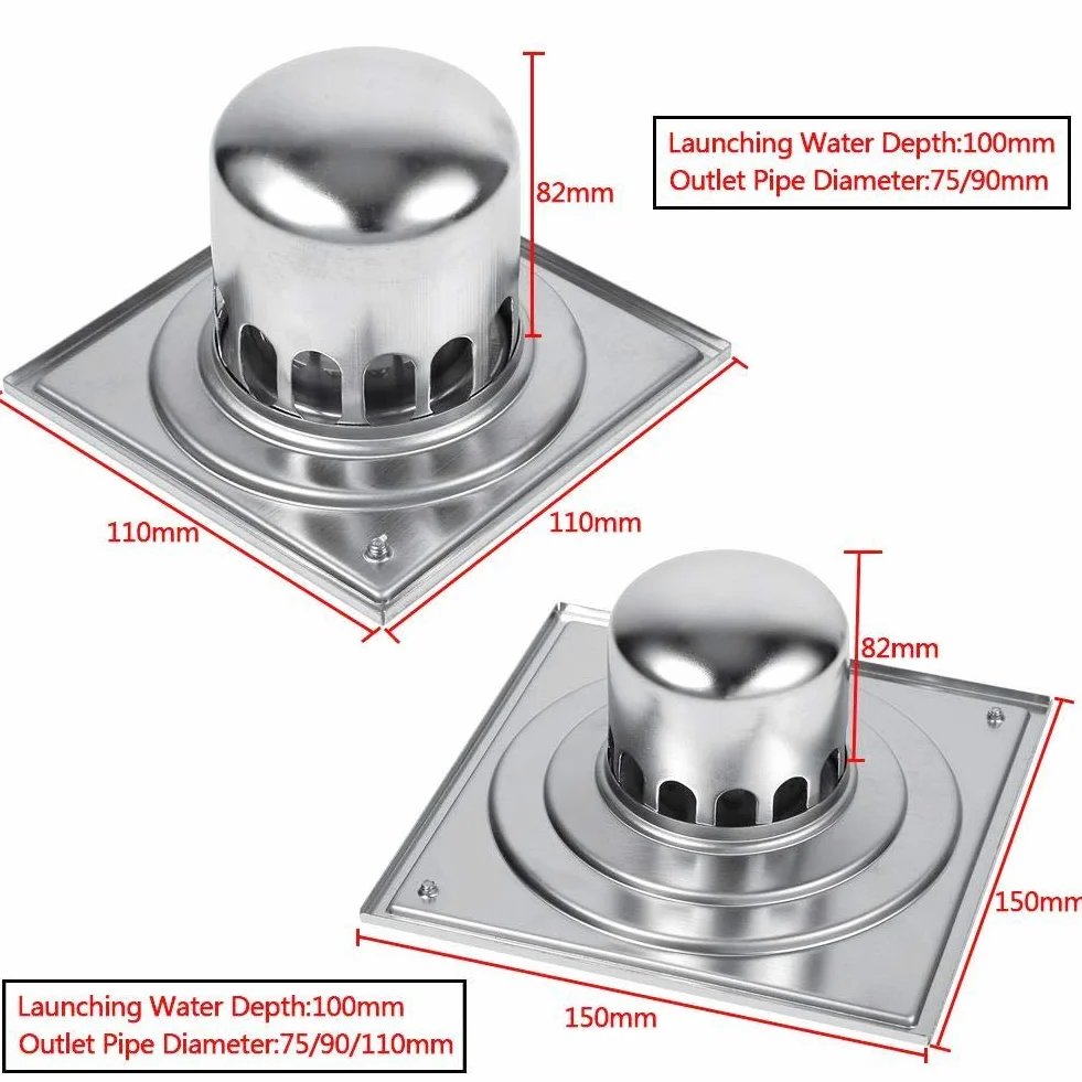 Odpływ podłogowy ze stali nierdzewnej, kwadratowy, przeciwzapachowy, odpływ łazienkowy, odpływ prysznicowy o dużym kalibrze (110 x 110 mm)