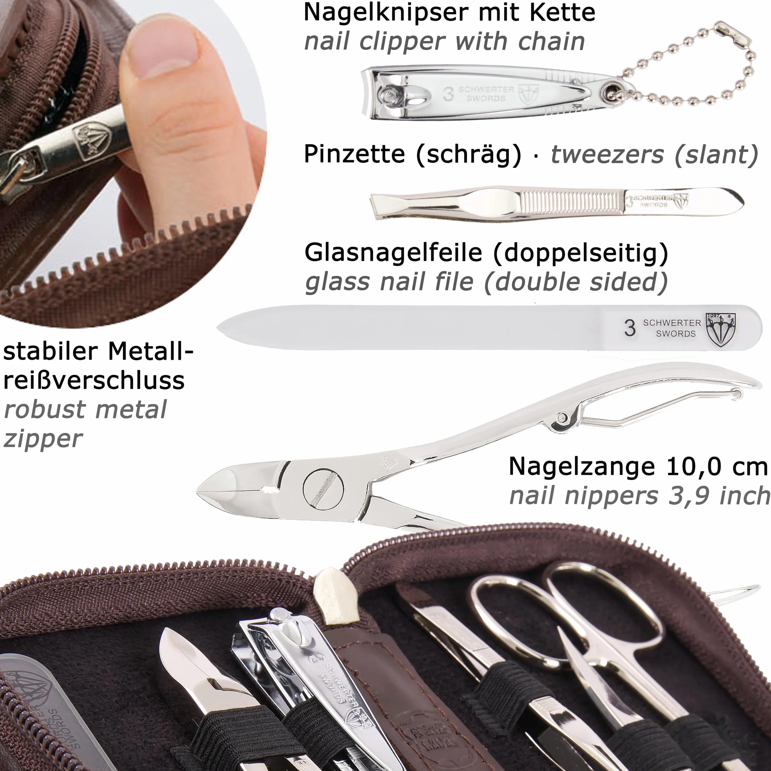 DREI SCHWERTER - 6-częściowy zestaw do paznokci "Verona" | kompleksowy zestaw do manicure i pedicure w brązowym etui z prawdziwej skóry | Zawartość: nożyczki do paznokci, nożyczki do skóry, obcinacz