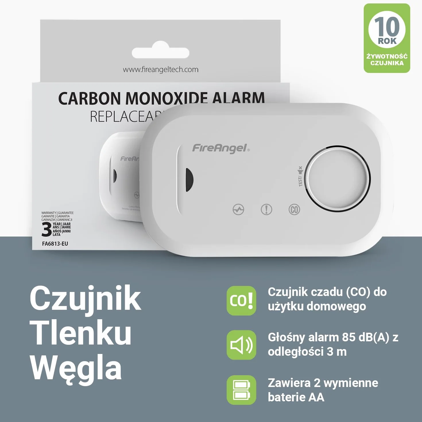 Fire Angel FA6813 Czujnik Czadu – Czujnik Tlenku Węgla Bateriami AA – Przenośna Podróżna Czujka Czadu z Alarmem – Detektor Tlenku Węgla z Funkcją Testu