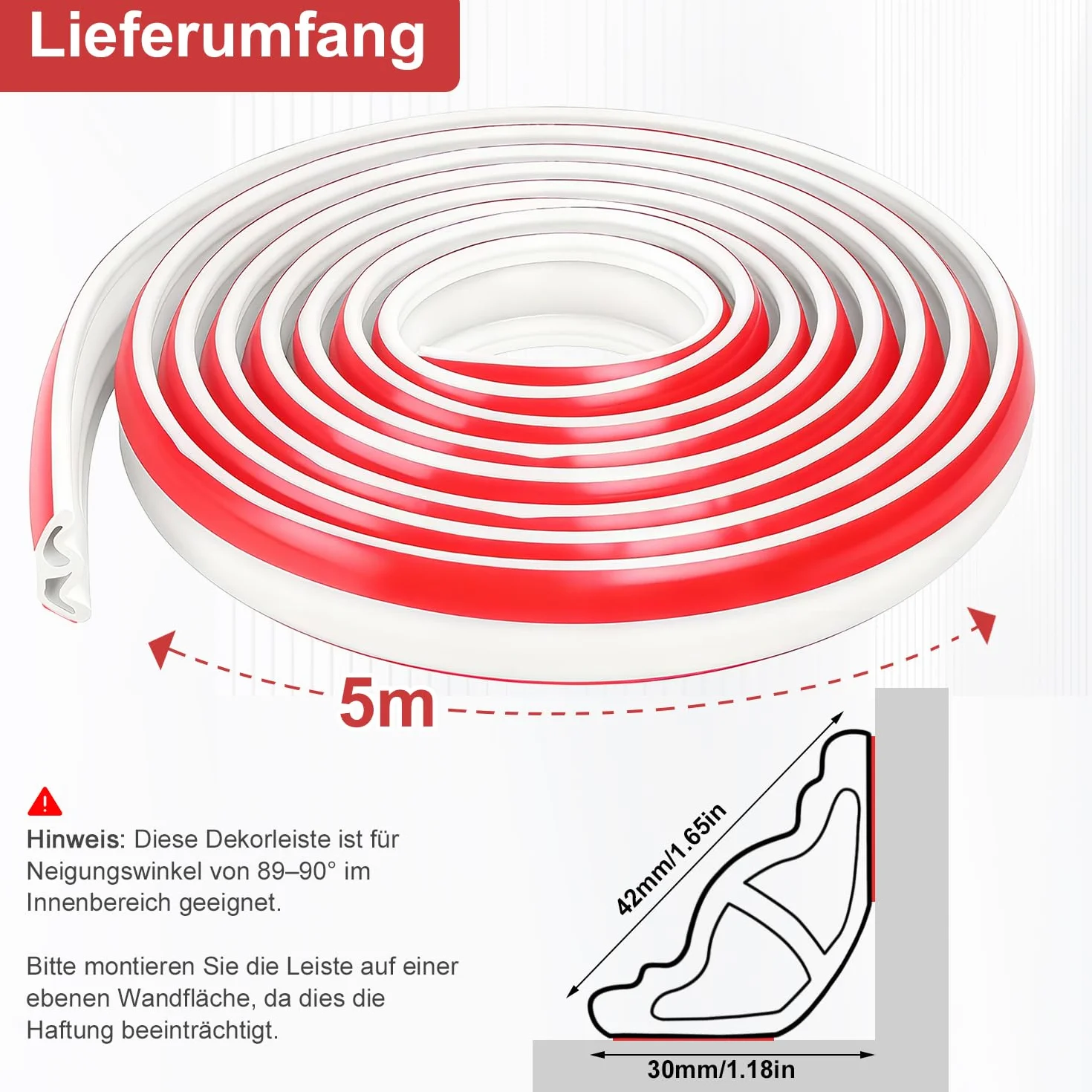 Samoprzylepna listwa sufitowa 5 m biała elastyczna z termoplastycznego elastomeru trójkąt