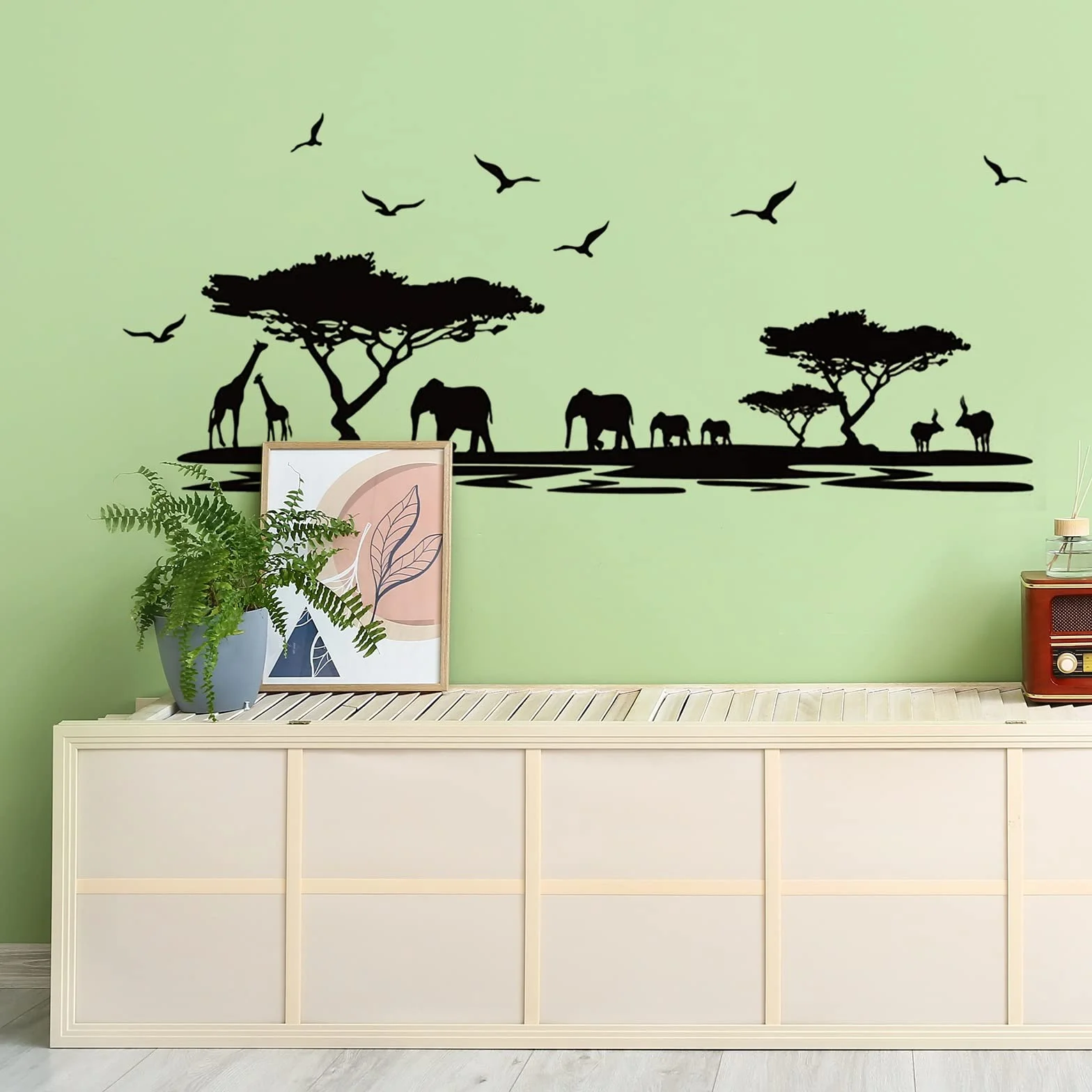 WandSticker4U® - Naklejki ścienne LA SAVANA w kolorze czarnym (160x75 cm) I naklejka ścienna zwierzęta safari afryka krajobraz słoń żyrafa I Deco do salonu, sypialni, kuchni, korytarza, dla dorosłych,