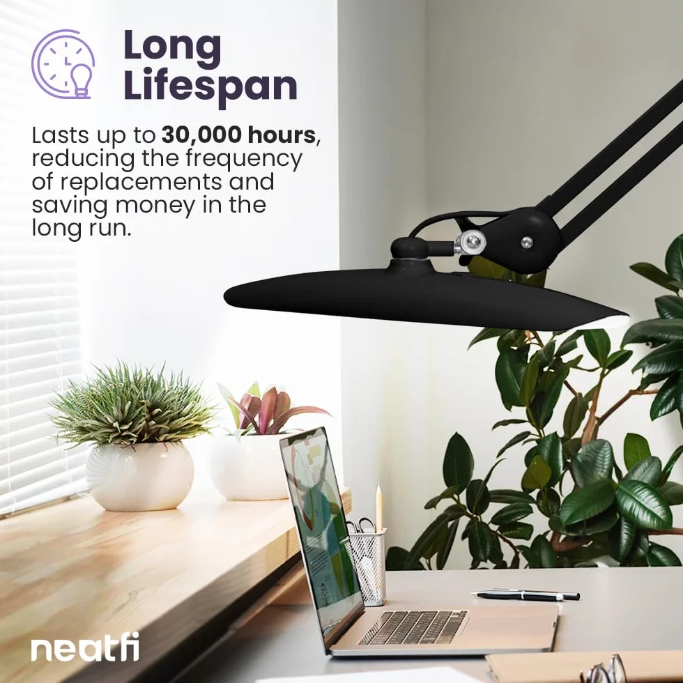 Neatfi XL LED Lampa biurkowa 2200 lumenów 24W szeroka głowica 50cm 4 poziomy regulacji jasności Bez-CCT z Zaciskiem Czarny