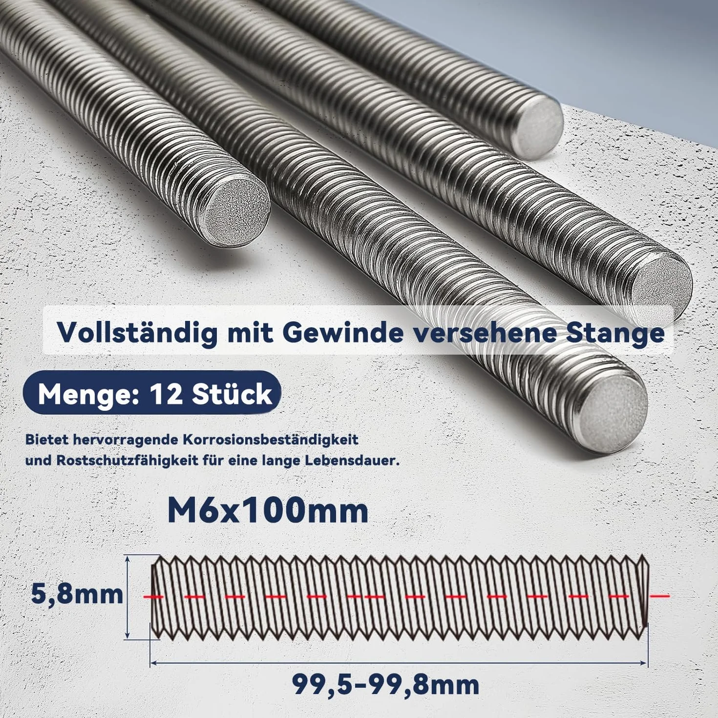 Dayalo Pręt Gwintowany M6 x 100 mm Stal Szlachetna A2 V2A Pełny Gwint DIN 975 Zestaw 12 sztuk