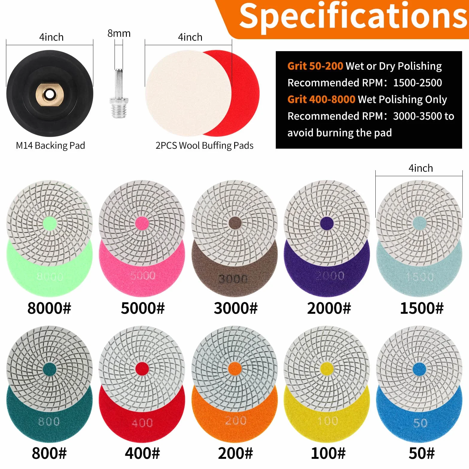 Diamentowe podkładki polerskie M14 100 mm zestaw 14 sztuk ziarnistości 50-8000 do granitu i betonu