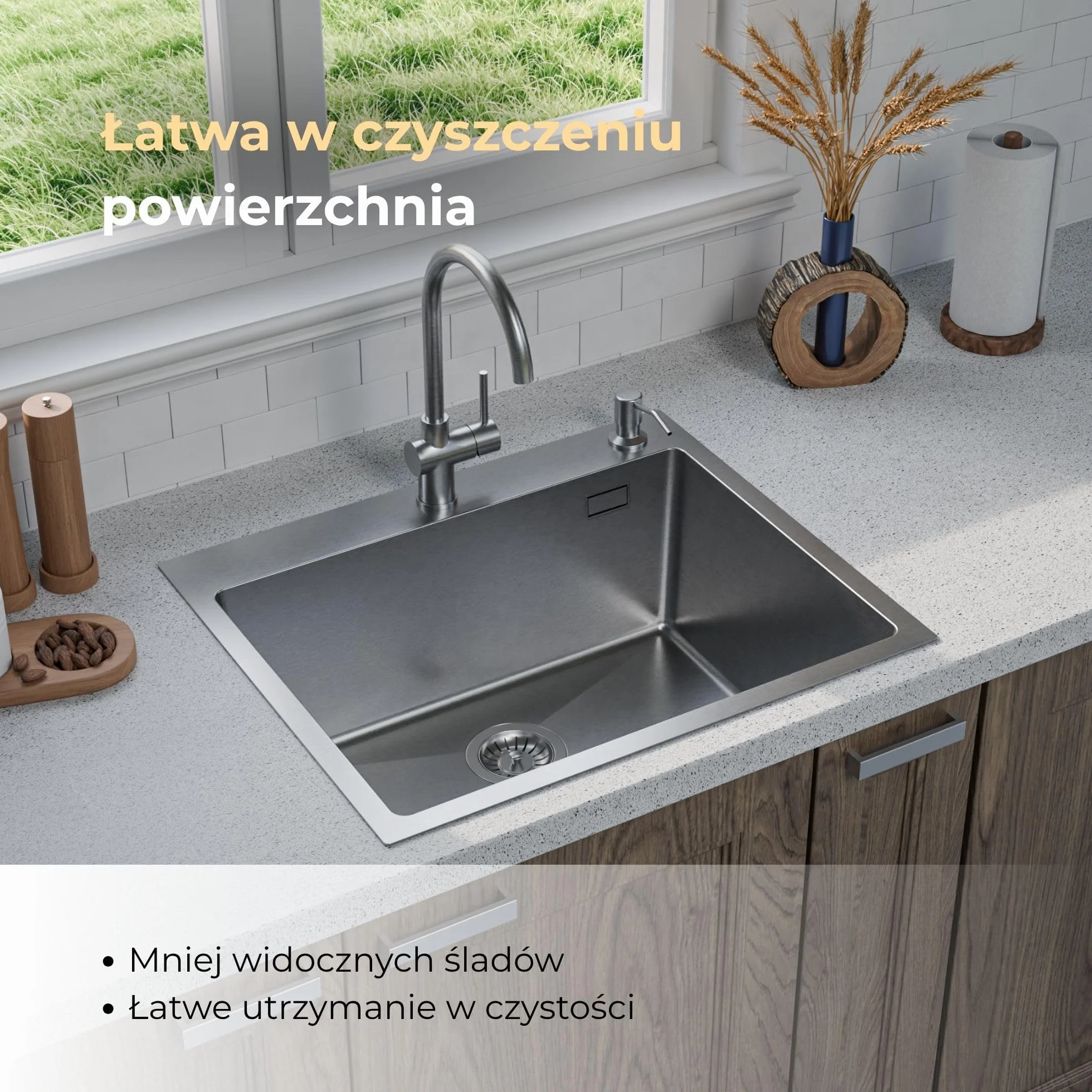 ANW HOME Zlewozmywak kuchenny 60x50 cm stal nierdzewna 304 2 otwory na kran z syfonem ociekaczem dozownikiem mydła 350 ml