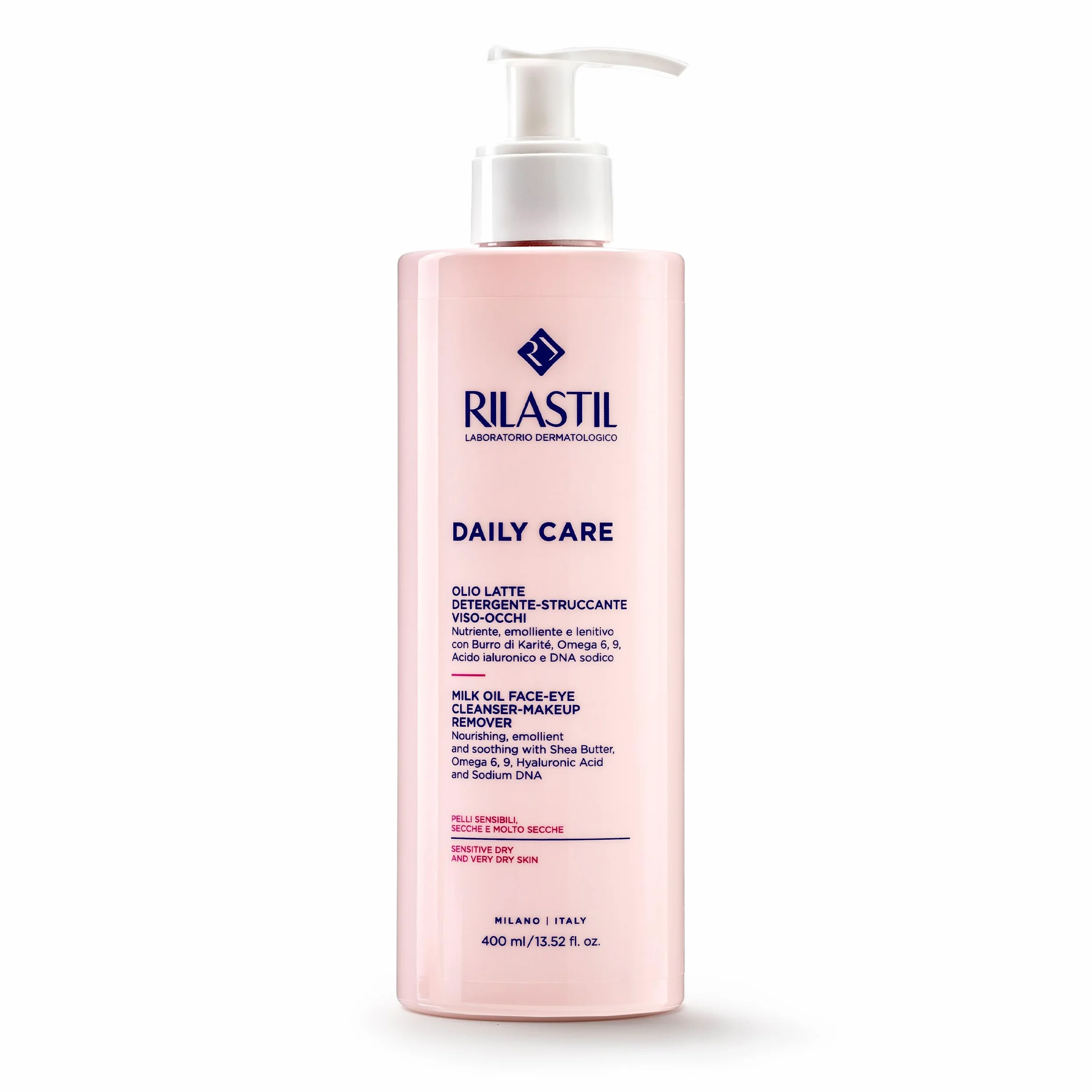 Rilastil Codzienna pielęgnacja twarzy i oczu Olejek do oczyszczania mleka, pielęgnujący środek czyszczący dla wrażliwej i suchej skóry, Soothing and Soothing with Shea Butter, Hyaluronic acid, 400 ml