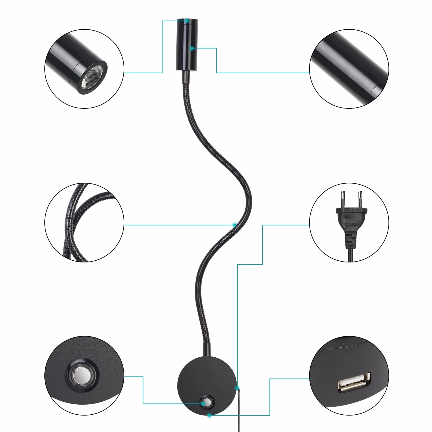 ERWEY Lampa ścienna LED z przełącznikiem dotykowym, ściemniana, USB, 360°, czarny