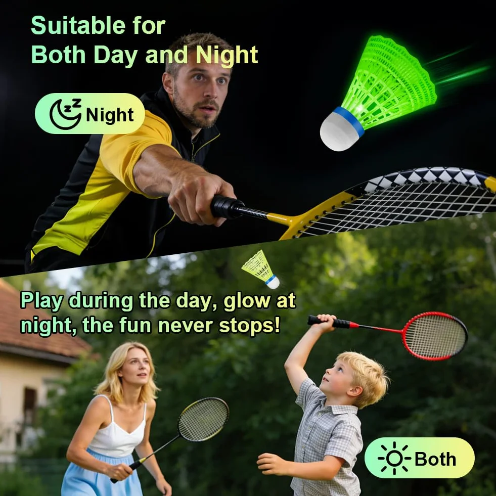 Kierownice do badmintona LED, zestaw 8 nylonowych latających badmintonów z piórami o wysokiej stabilności i trwałości, do treningu wewnątrz i na zewnątrz