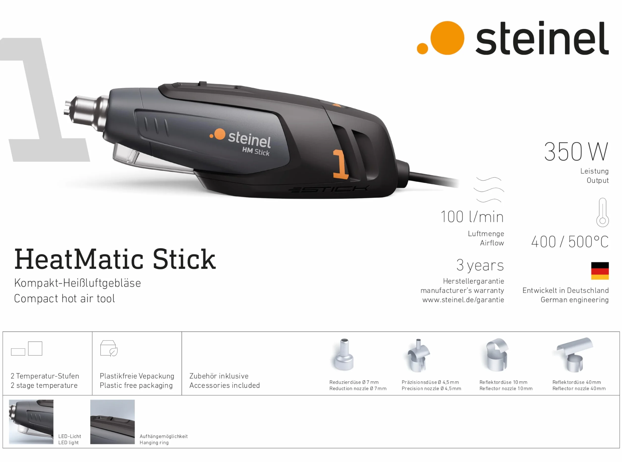 Steinel Mini pistolet na gorące powietrze HM Stick, 4 dysze, 350 W, 400-500°C, lampka LED