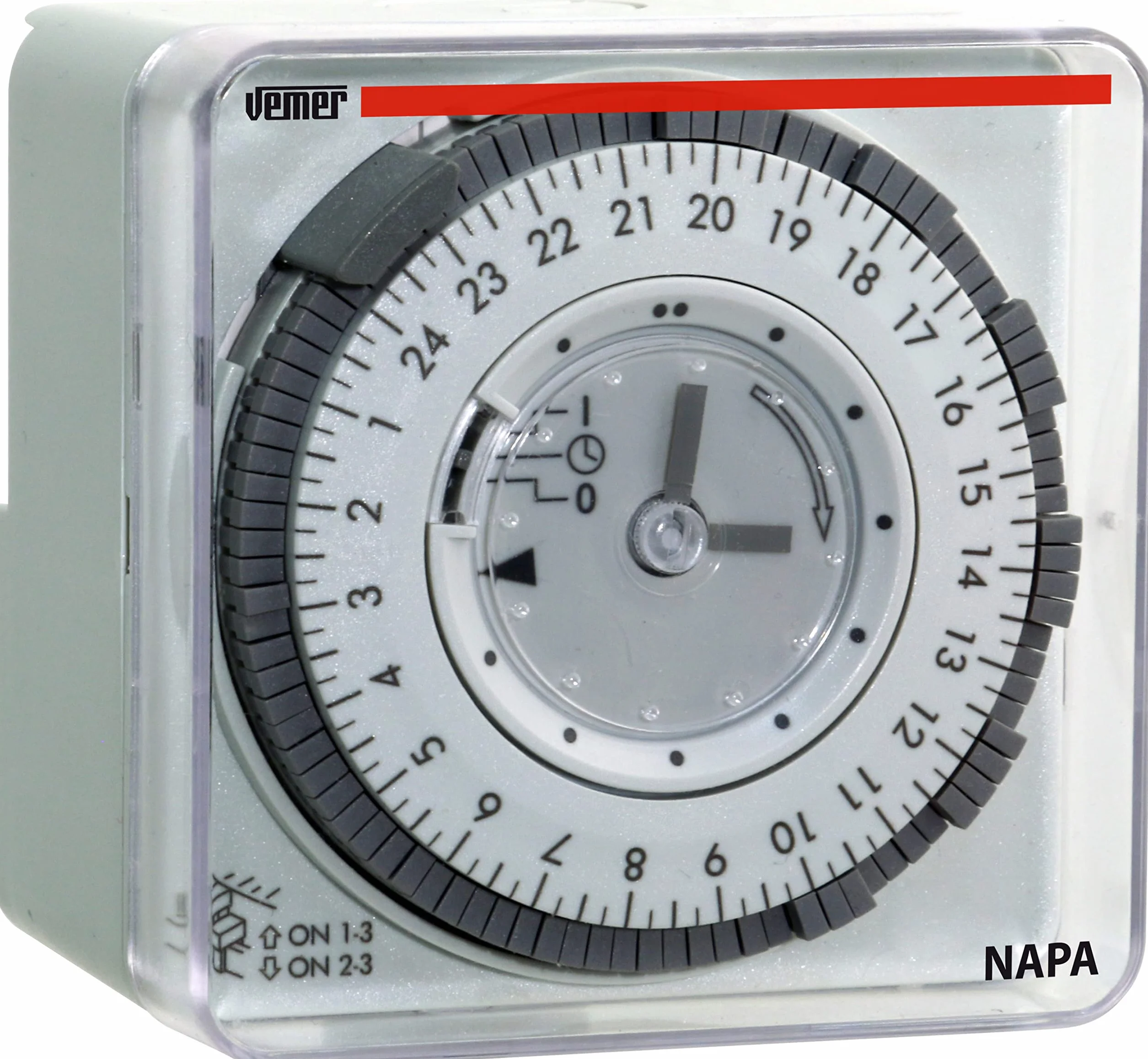 VEMER VP884100 NAPA D elektromechaniczny programator czasowy z przełącznikami wtykowymi, tablica rozdzielcza, montaż na szynie DIN, biały/szary