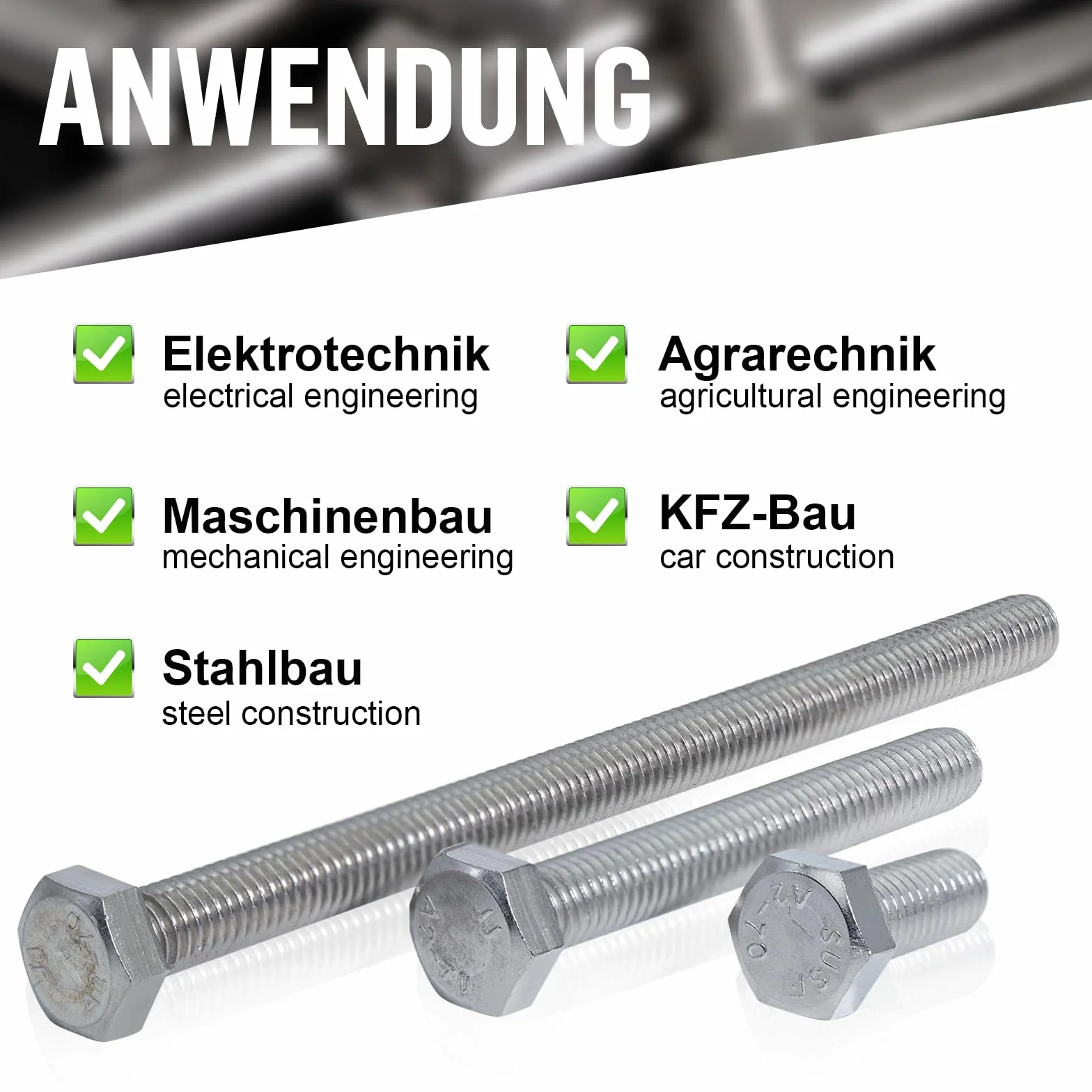 Zestaw śrub z łbem sześciokątnym M5 x 10 mm, nakrętki M6 DIN 933, stal szlachetna A2 V2A, pełny gwint