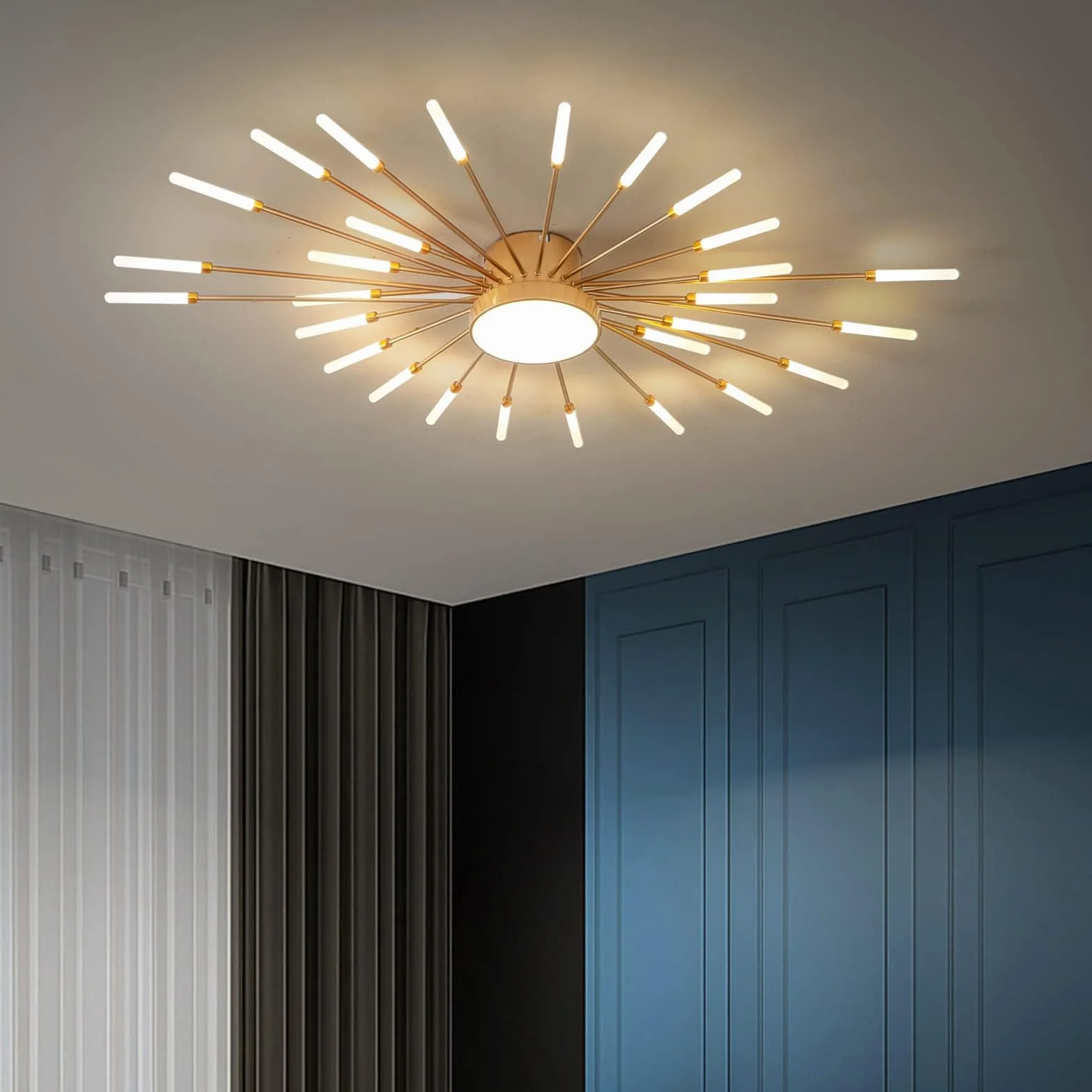 Nowoczesne oświetlenie sufitowe LED, 28+1 głowic, złote żyrandole