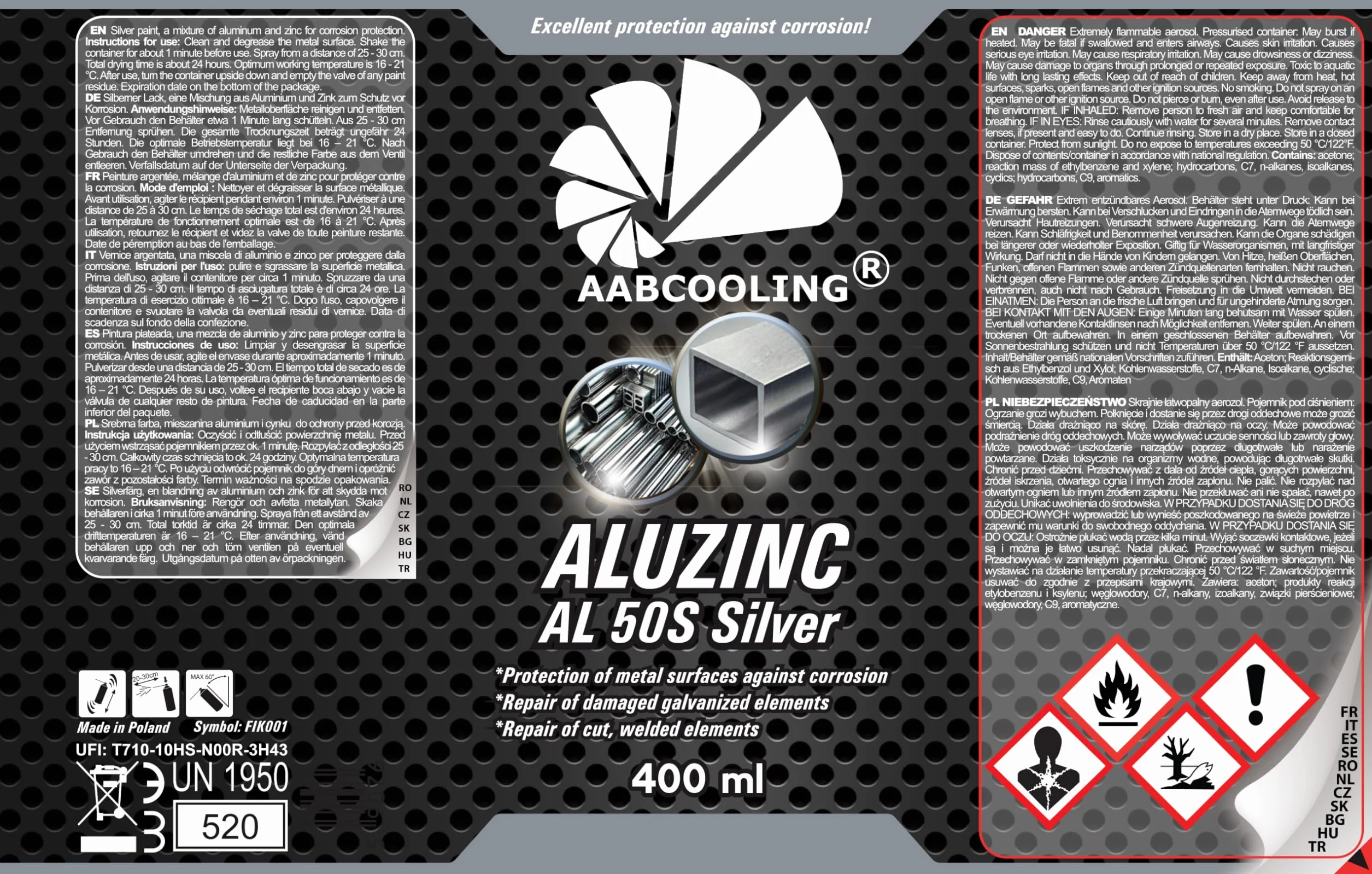 AABCOOLING Alucynk AL 50S Podkład Cynkowy Antykorozyjny 400ml Srebrny Farba do Metalu Stali Aluminium